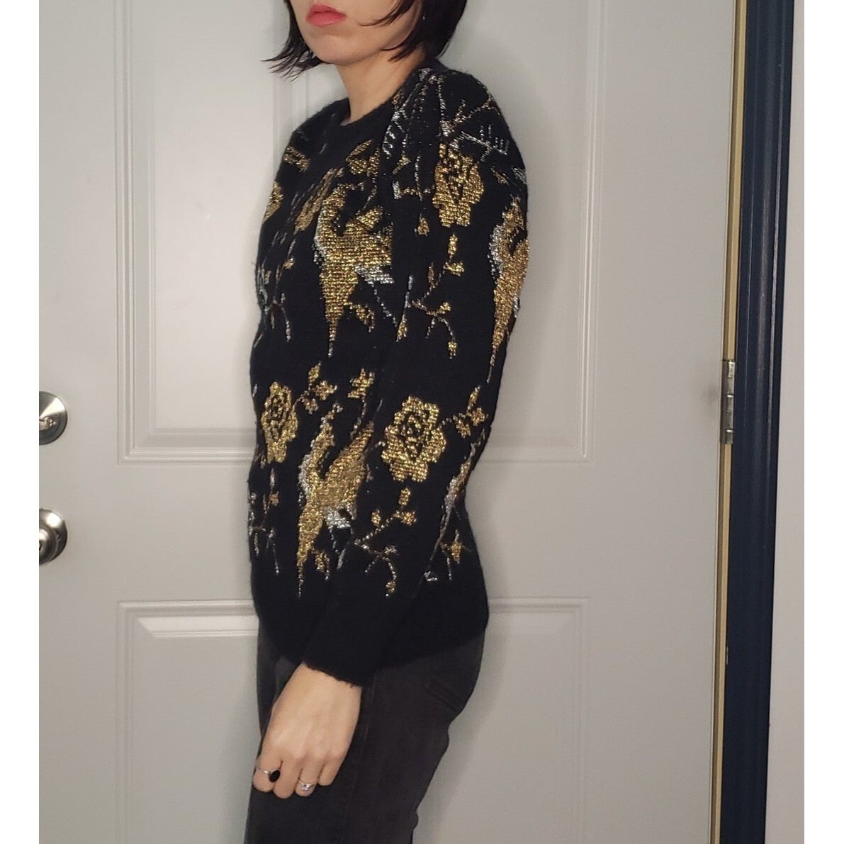 80s Black, Gold, and Silver Rose Sweater
