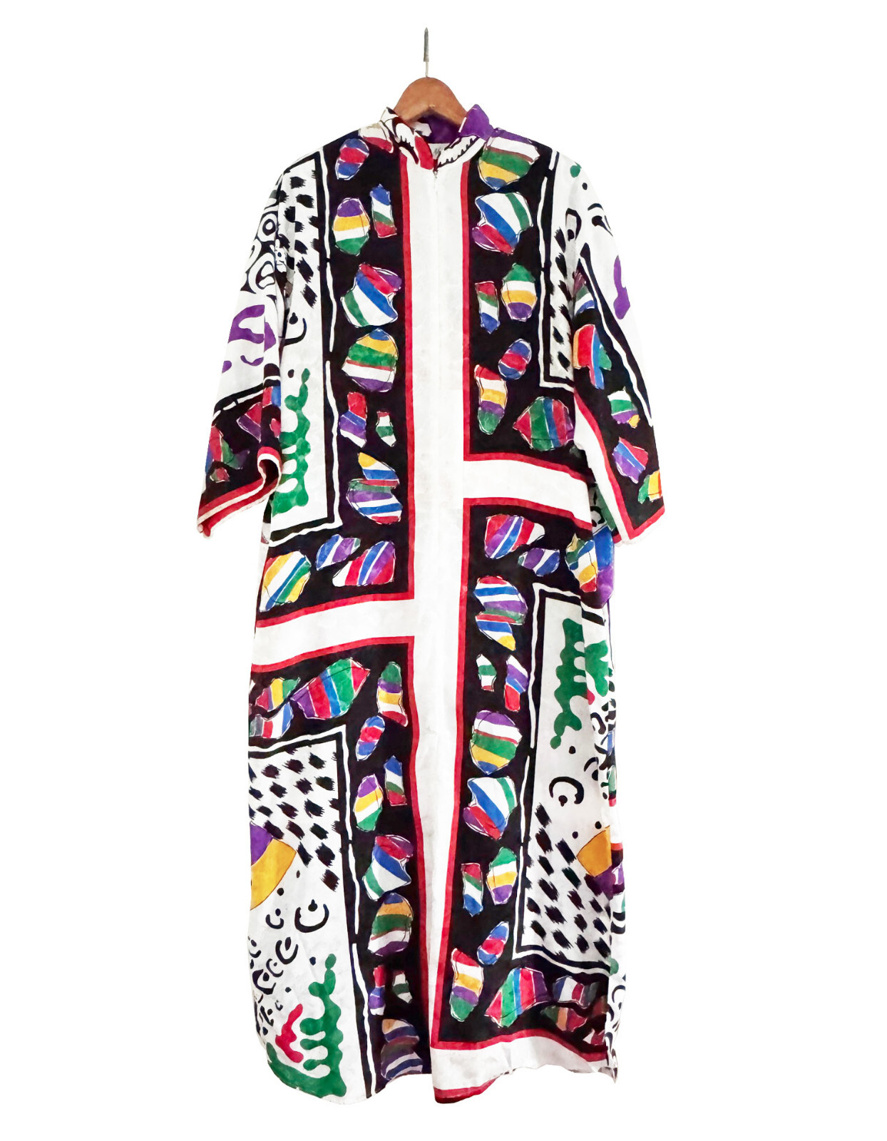 RUTH NORMAN Vintage Caftan Hostess Gown Postmodern Print Zip Front Size Petite