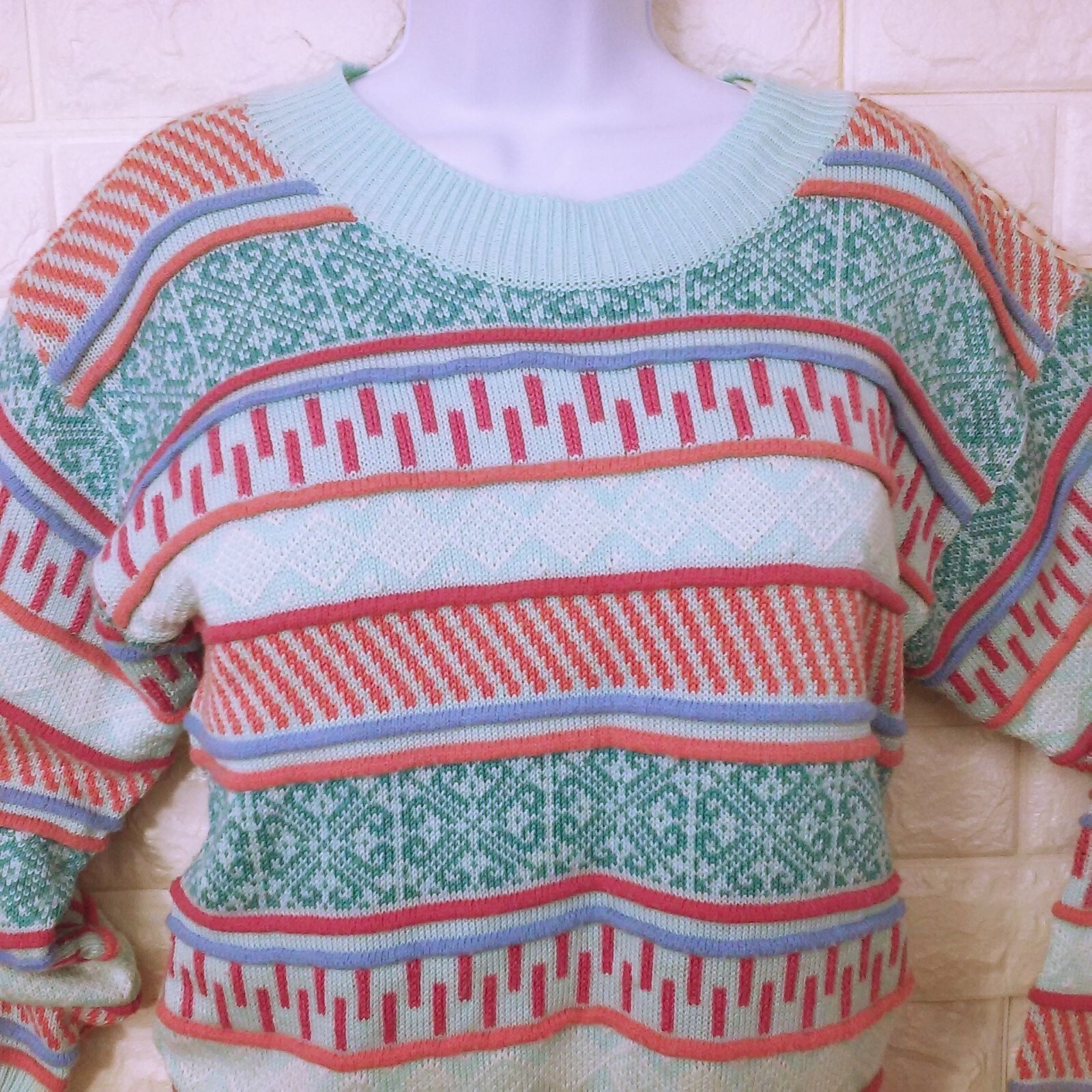 Vintage 80s Knit Sweater Haberdasher Lady-L Geometric 3-D Stripe Fair-Isle Bold