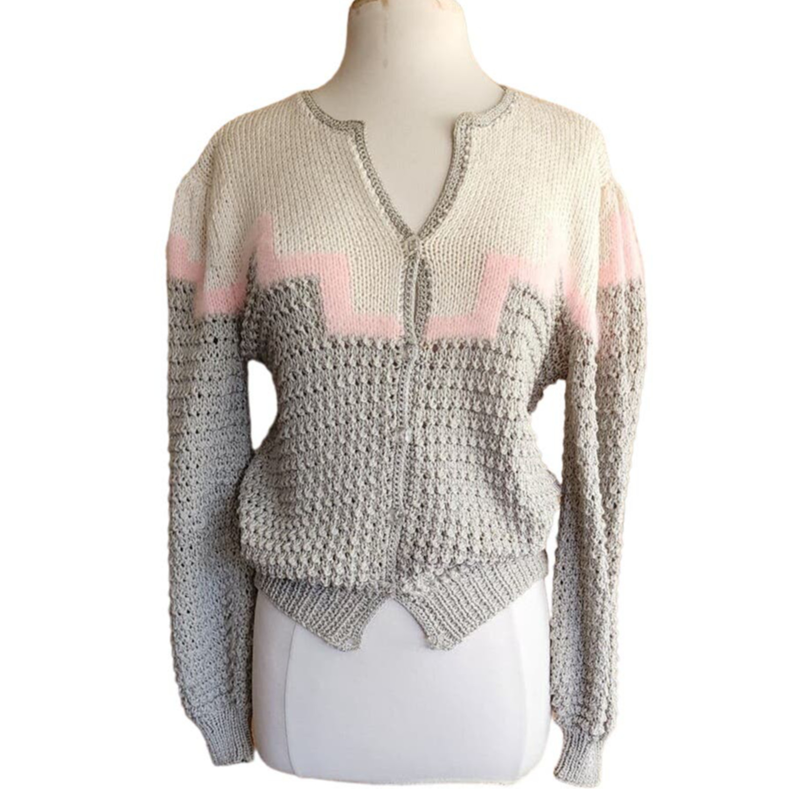 Vintage 80s Sweater Gray Pink Handknit Cardigan Acrylic Angora by Signatures