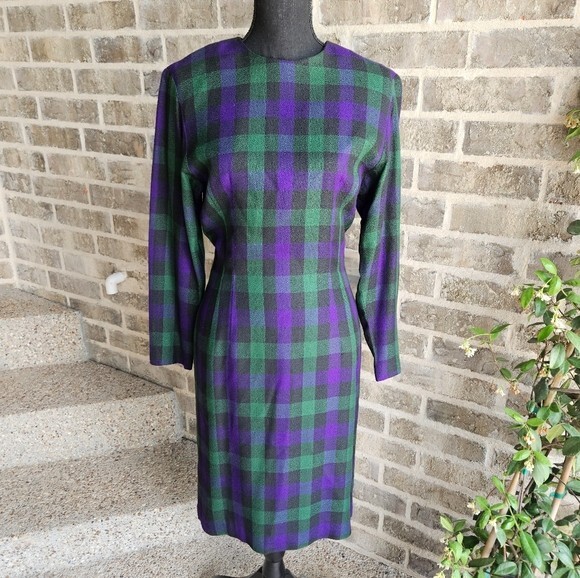 Vintage Bichon Green And Purple Plaid Dress Size 6
