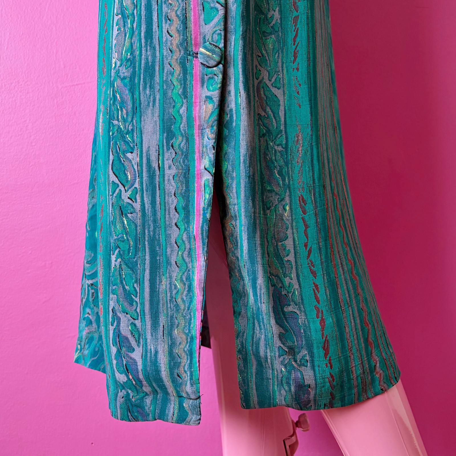 Vintage 80s 8 Midi Dress Dropwaist Teal Multi Abstract Floral Sash Long Sleeves
