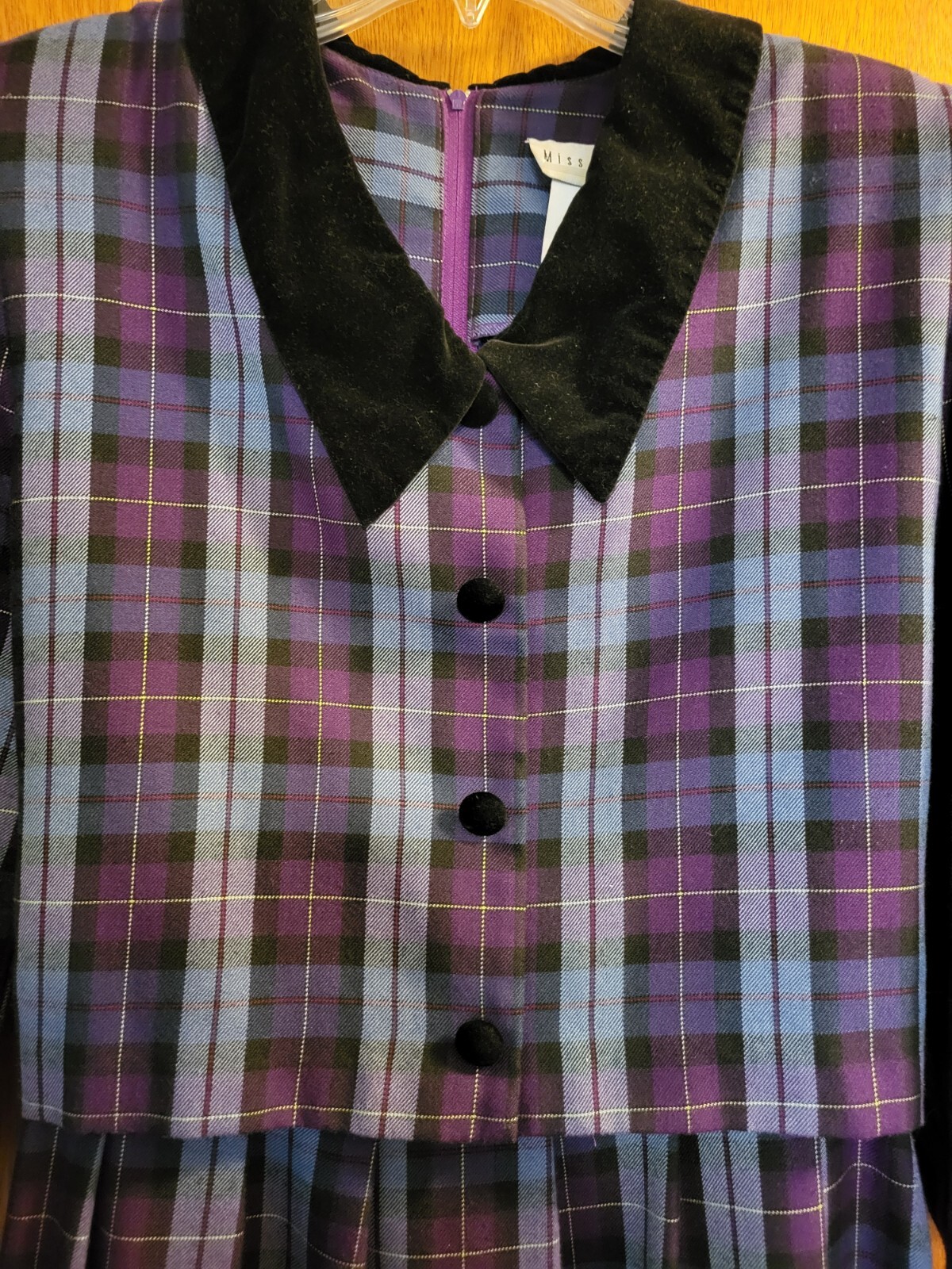 Vtg Miss Dorby 90’s Dress Midi Purple Blue Plaid Velvet Buttons Collar Sz 16