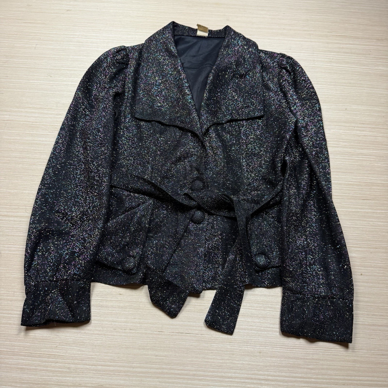 Vintage 70s Button Down Shirt Top Blouse Sparkle Metallic Tie Disco Glitter