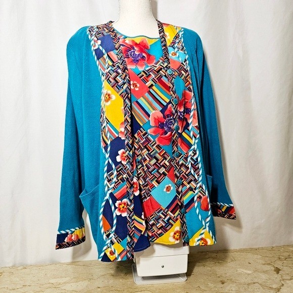 Vintage Koos of Course! 2-Piece Womens Turquoise Cardigan & Silk Shell Top L