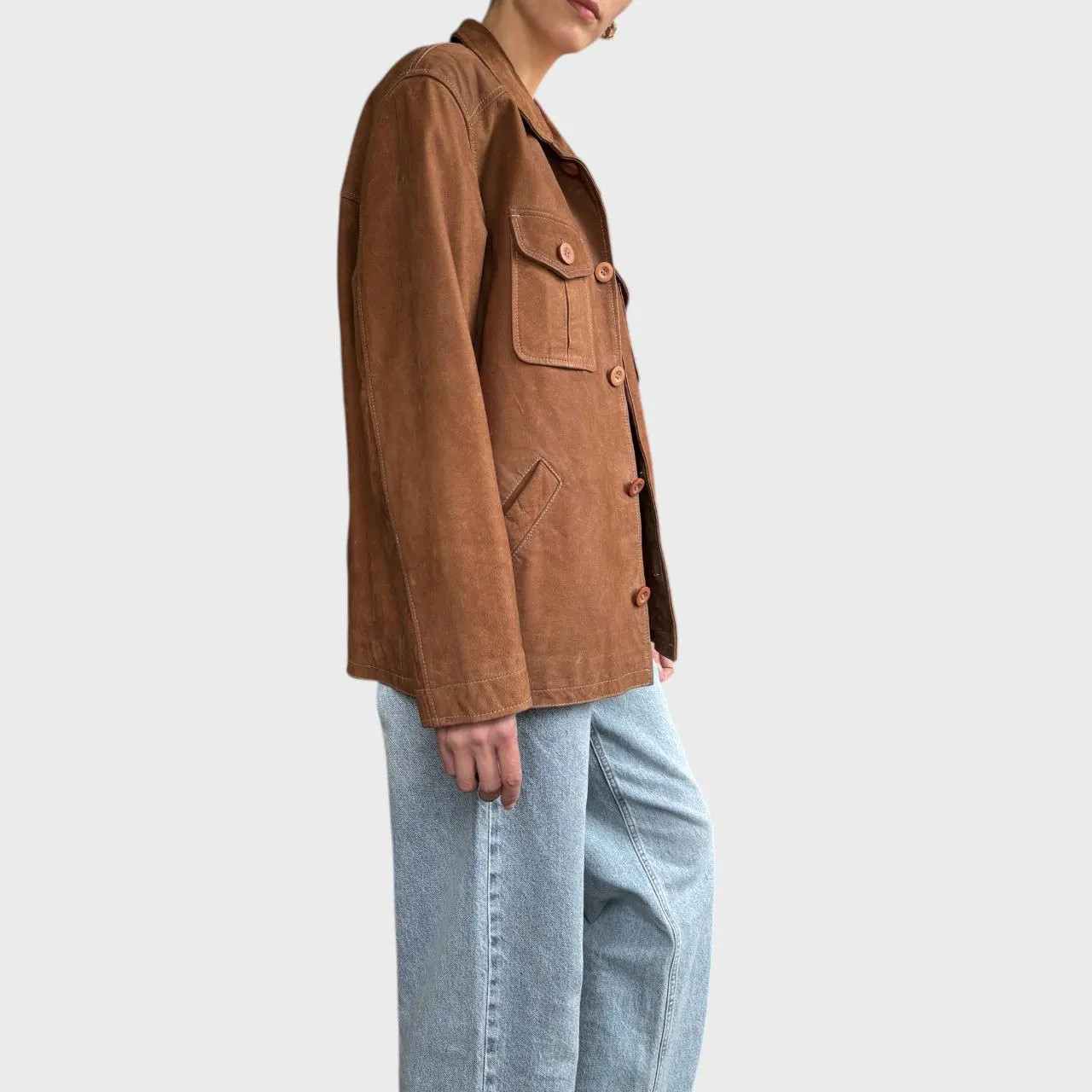 Vintage Brown Leather Jacket Oversized Unisex Button Up size US L/XL