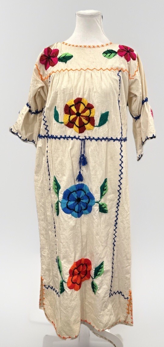 Hand Embroidered Colorful Floral Hippie Boho 70’s Mexican Caftan Dress Sz S SEE