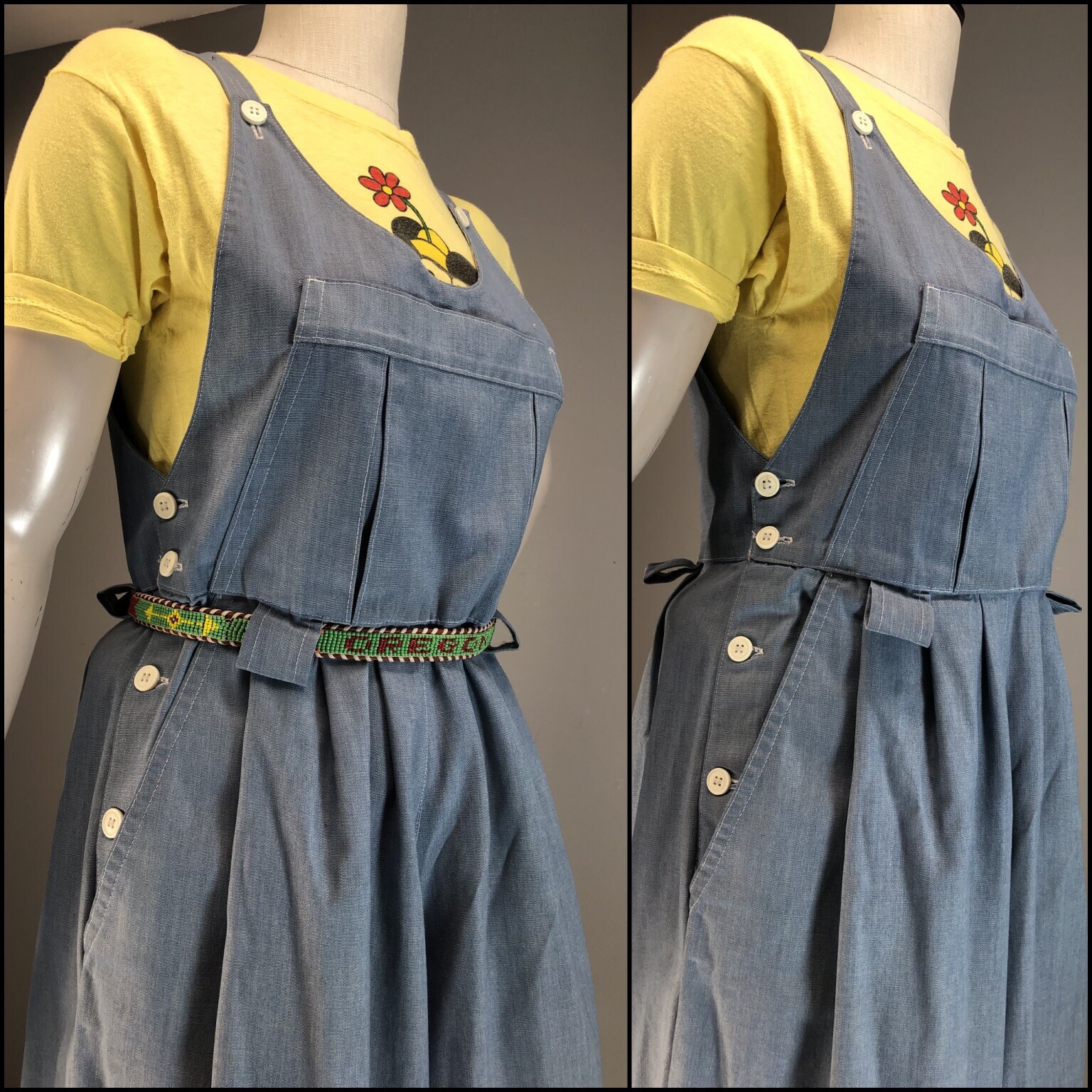 Vtg 70s Denim Jumpsuit Chambray Overalls Gauchos duz 40s Wide Leg M M-L 31 waist