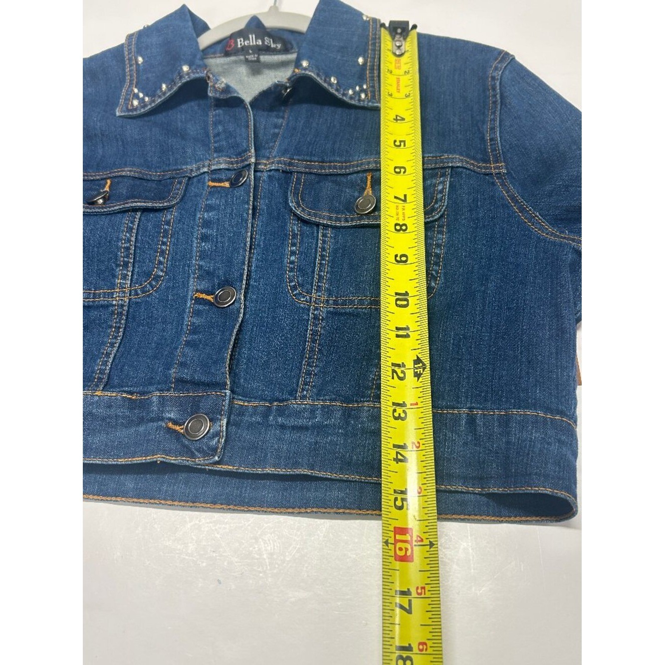 BellaSky Cropped Denim Jacket Fringe Western Studded Boho Country Concert Size L
