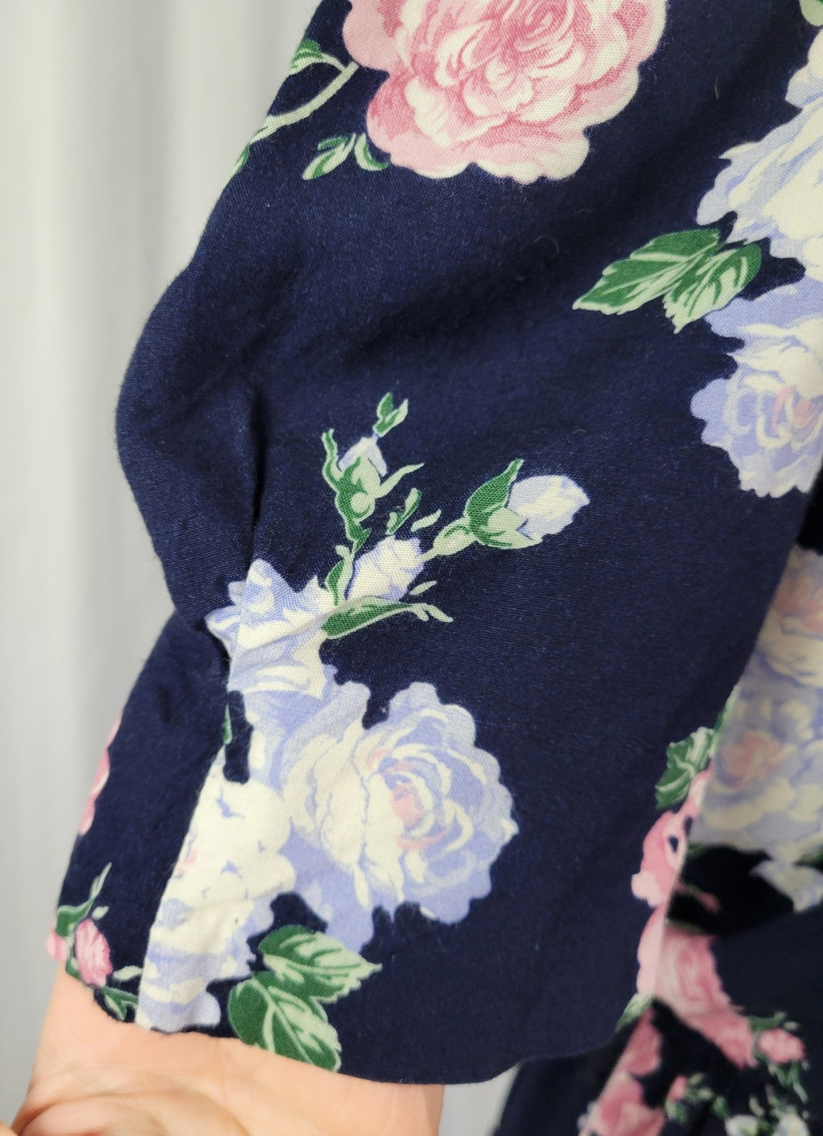 Vtg Lisa II Navy Blue Floral Blouson Dress w White Crochet Trimmed Bib Size M?