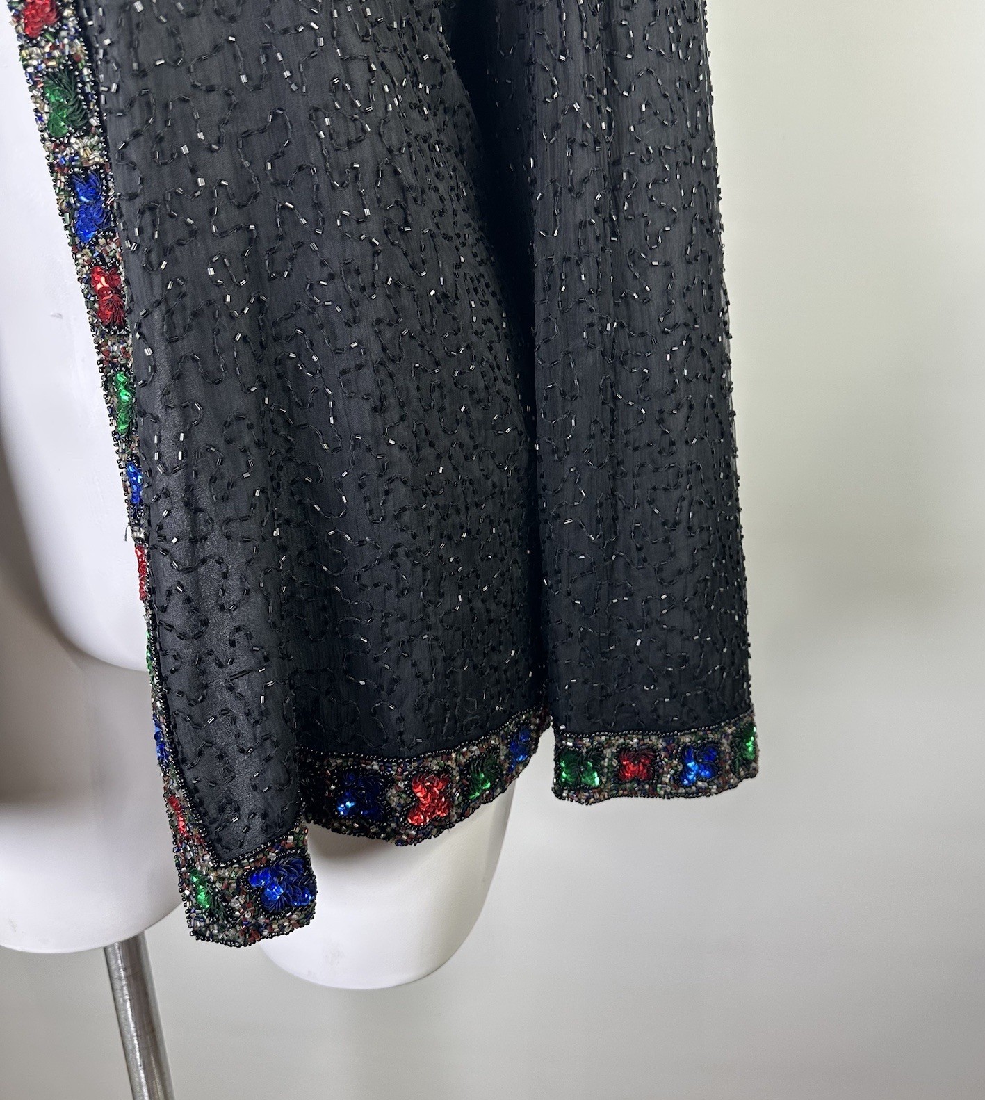 Laurence Kazar Vintage Beaded Silk Jacket Black Multi Color Sequin Womens 1X