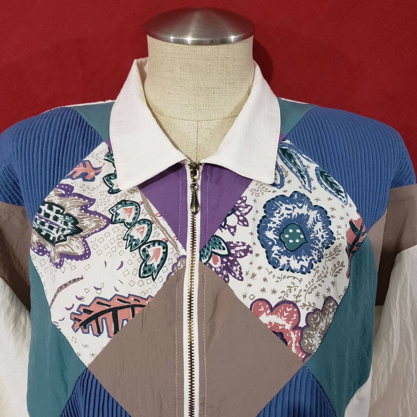 Vtg Teddi Ivory Multicolor Zip Light Blazer Top XL