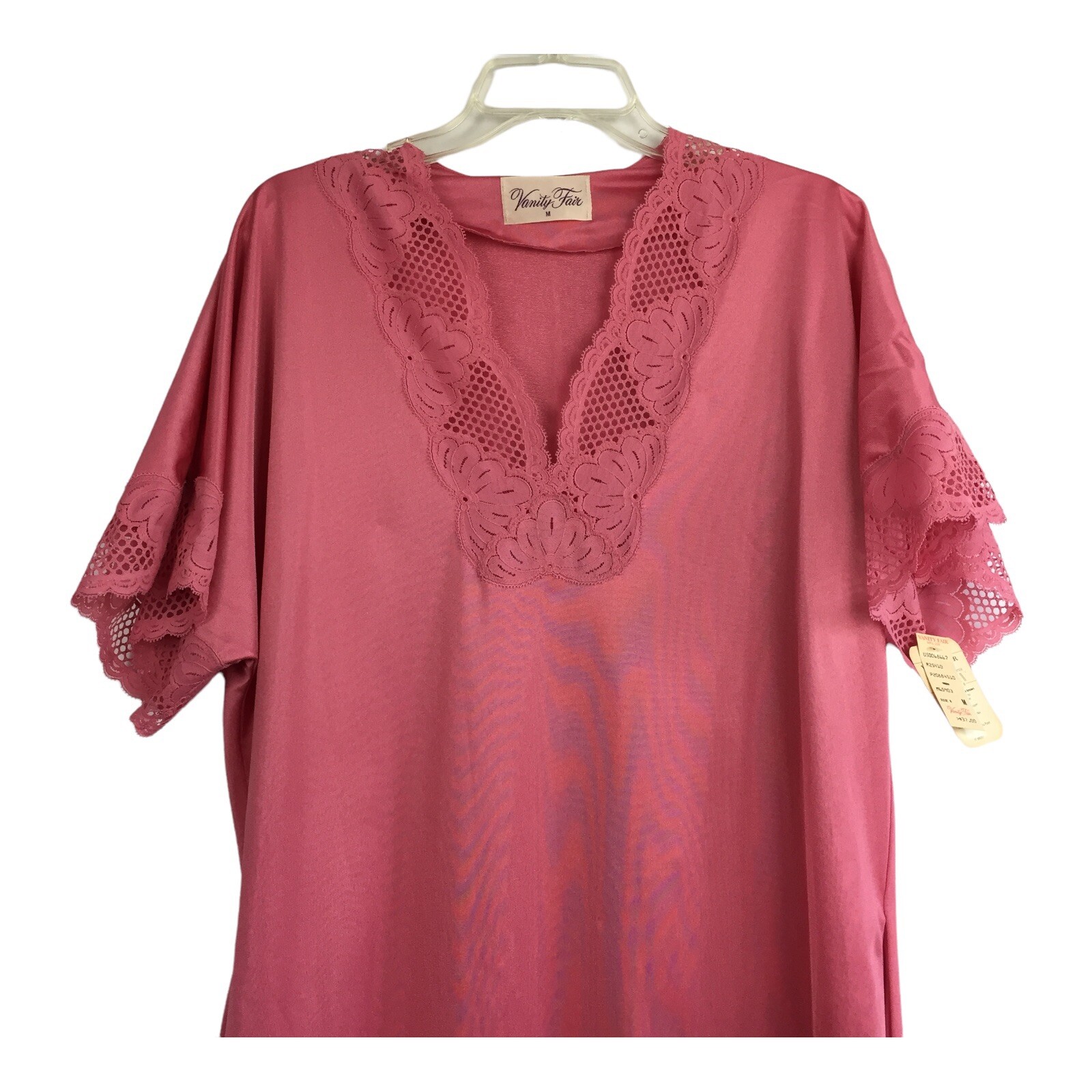 NOS VTG VANITY FAIR SIZE M Dacron/Nylon Nightgown Long Lace Trim Pink 70s Pocket