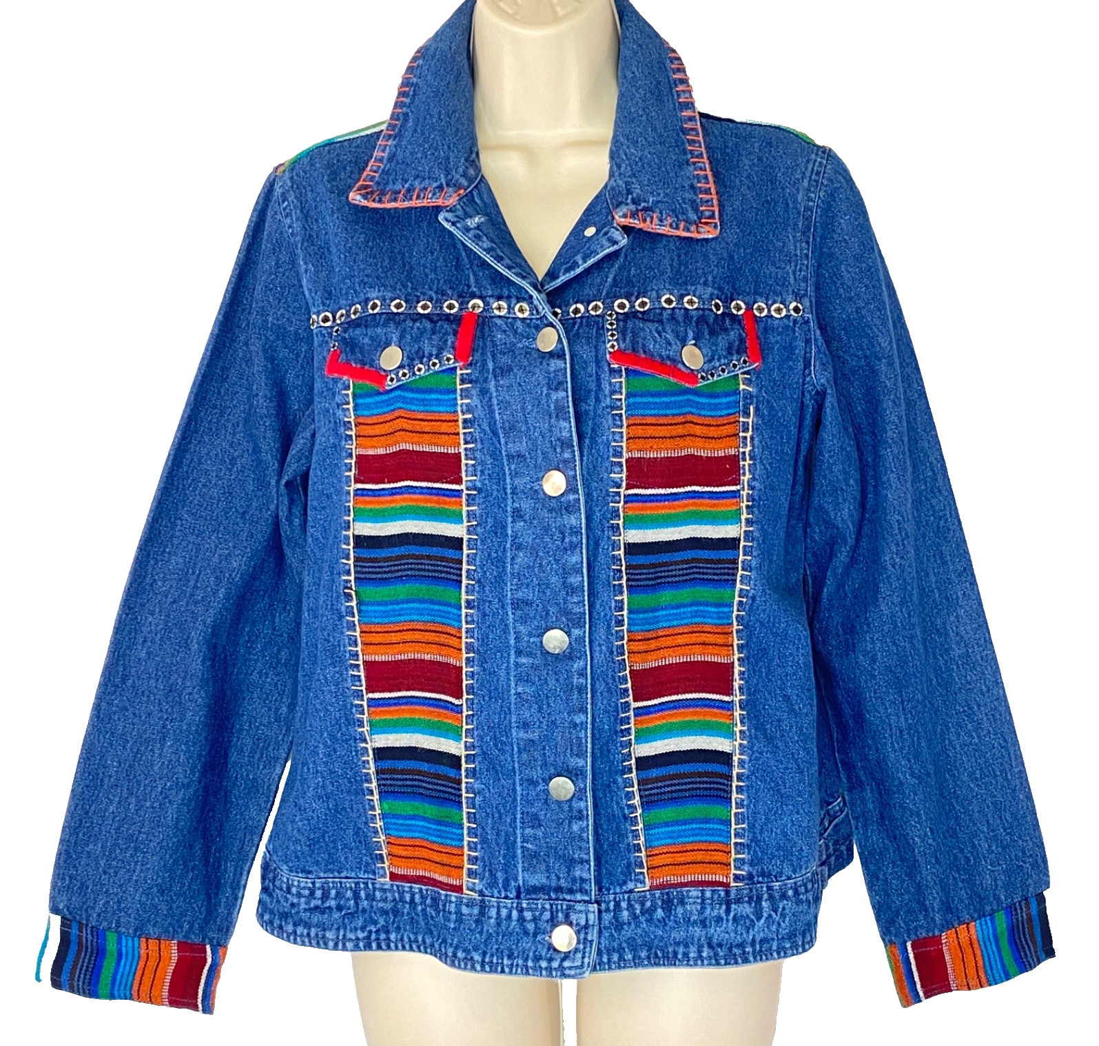 Vintage 1990s southwest denim jacket S oversized patchwork blue colorful stripes