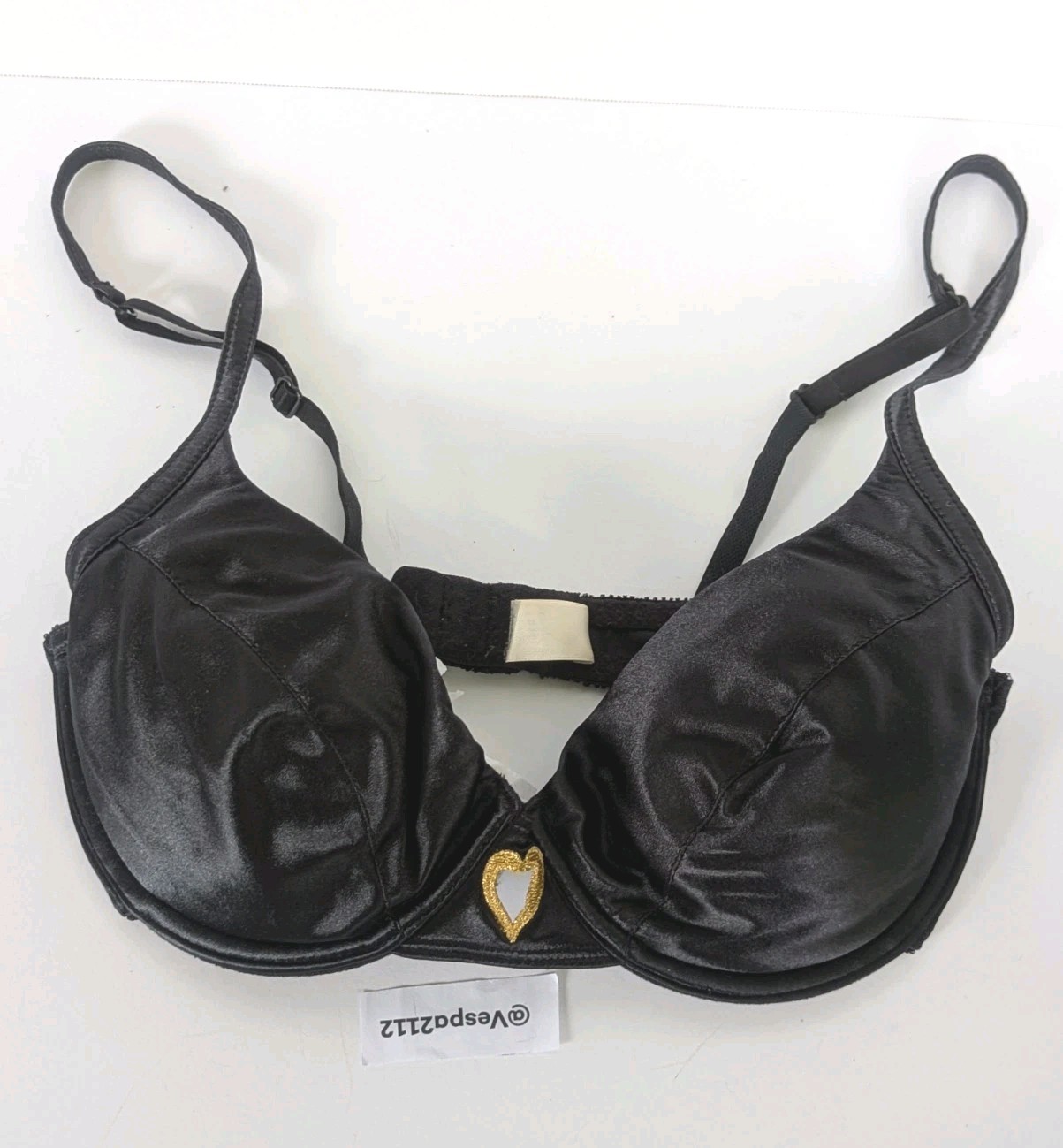Vintage Victorias Secret Second Skin Satin Bra Black Miracle Gold Heart 34C USA