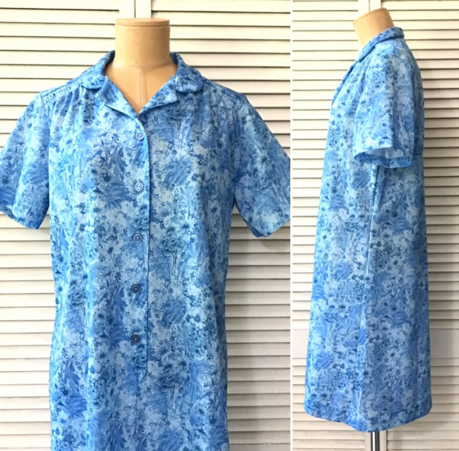 A Nancy Frock Shirt Dress Vintage Size 14 Blue Floral Short Sleeve Wear Anywhere