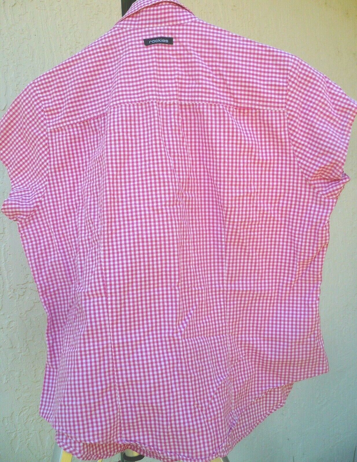 VTG 90S ROCKIES L M WOMENS SHIRT BUTTON UP SHORT SLEEVE FITTED PINK CHECK COTTON