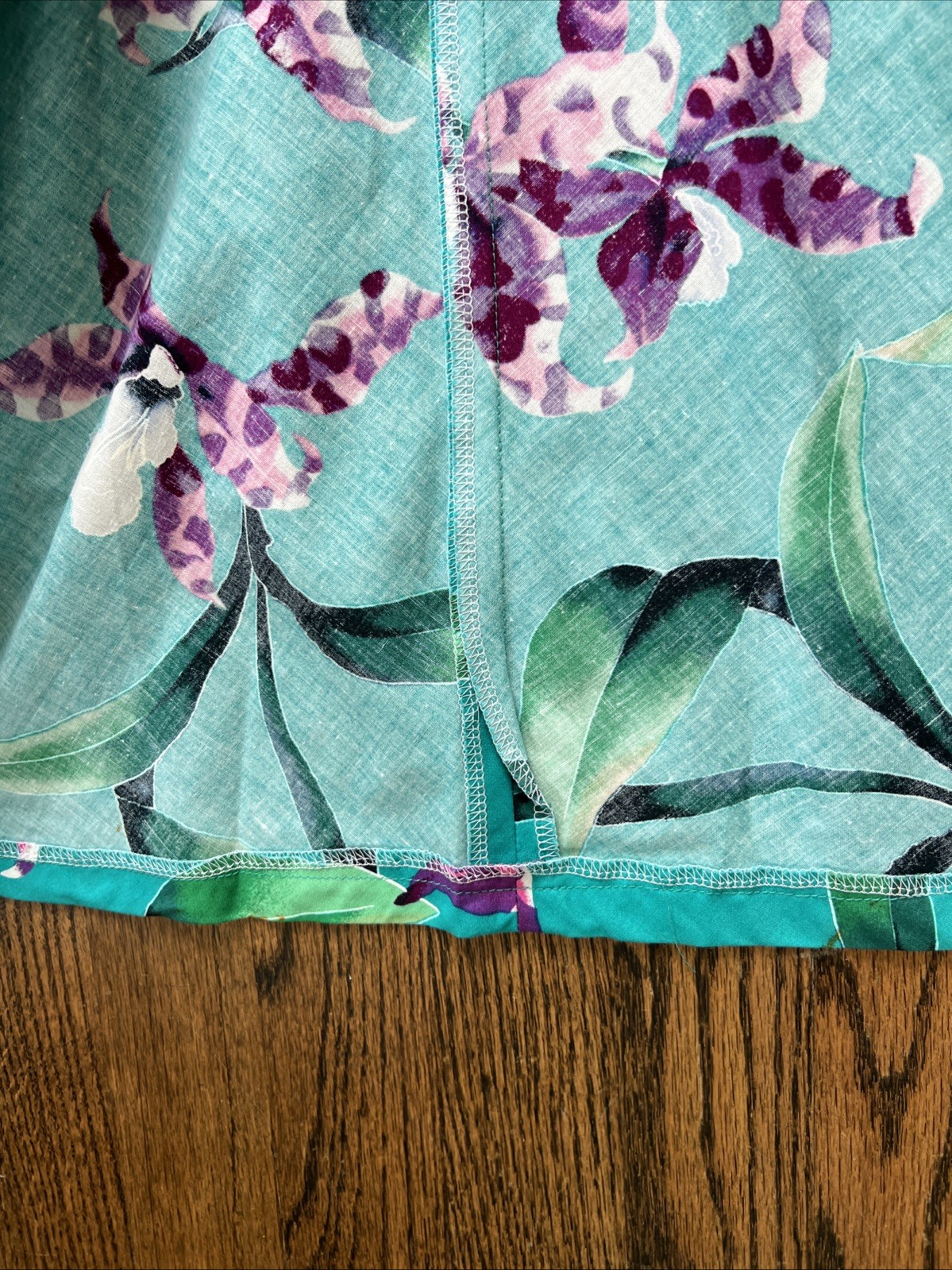 1980s Handmade One Shoulder Hawaiian Dress Teal W/Purple Orchid Flowers Size Sm