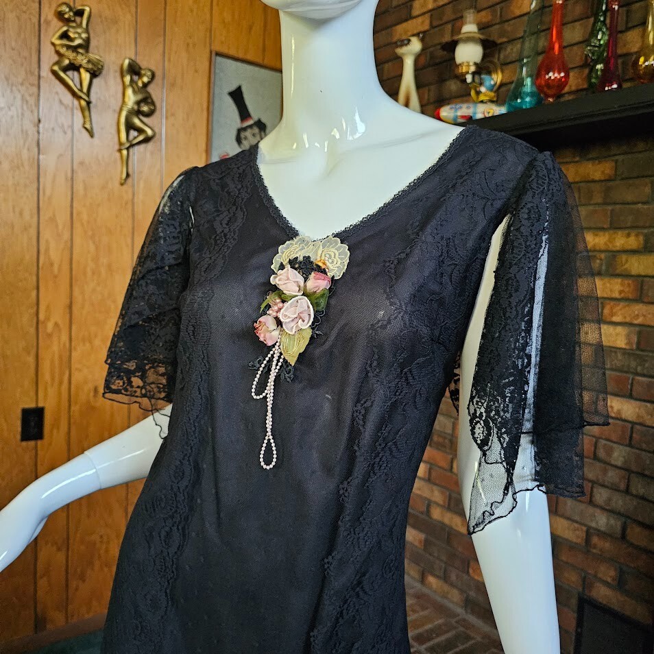 Vtg 80s Victorian Goth Susan Lane Country Elegance Black Wedding Dress Gown L/XL