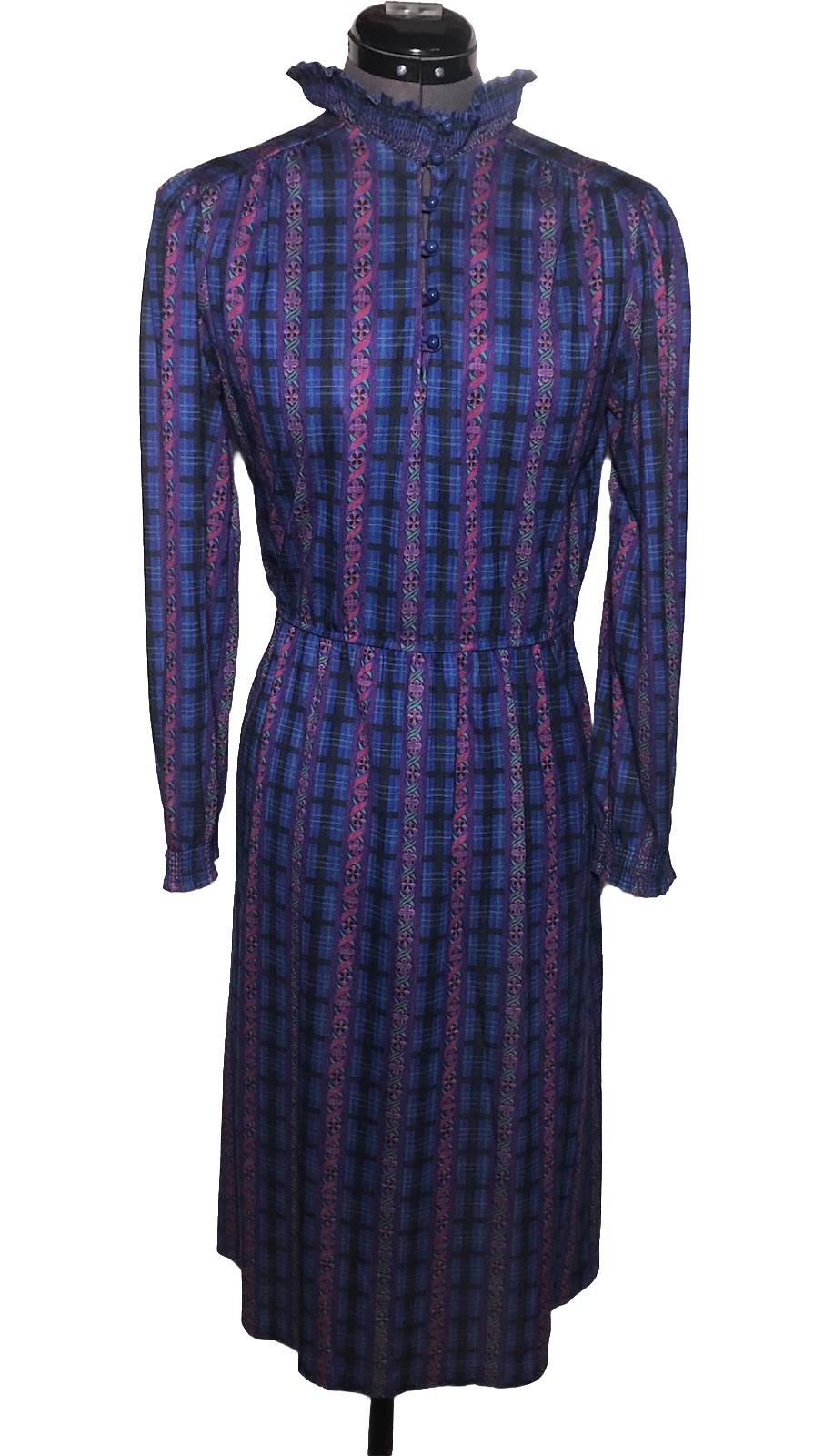 Vtg 70s High Neck Prairie Dress Blue Purple Print Long Sleeve B-36 W-30 S/M