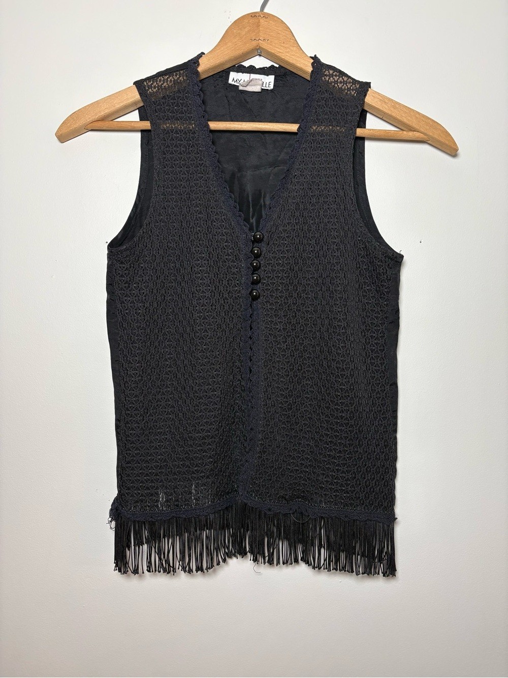 VTG 90s My Michelle Black Crochet Fringe Vest Boho Whimsygoth Shrug Approx. M