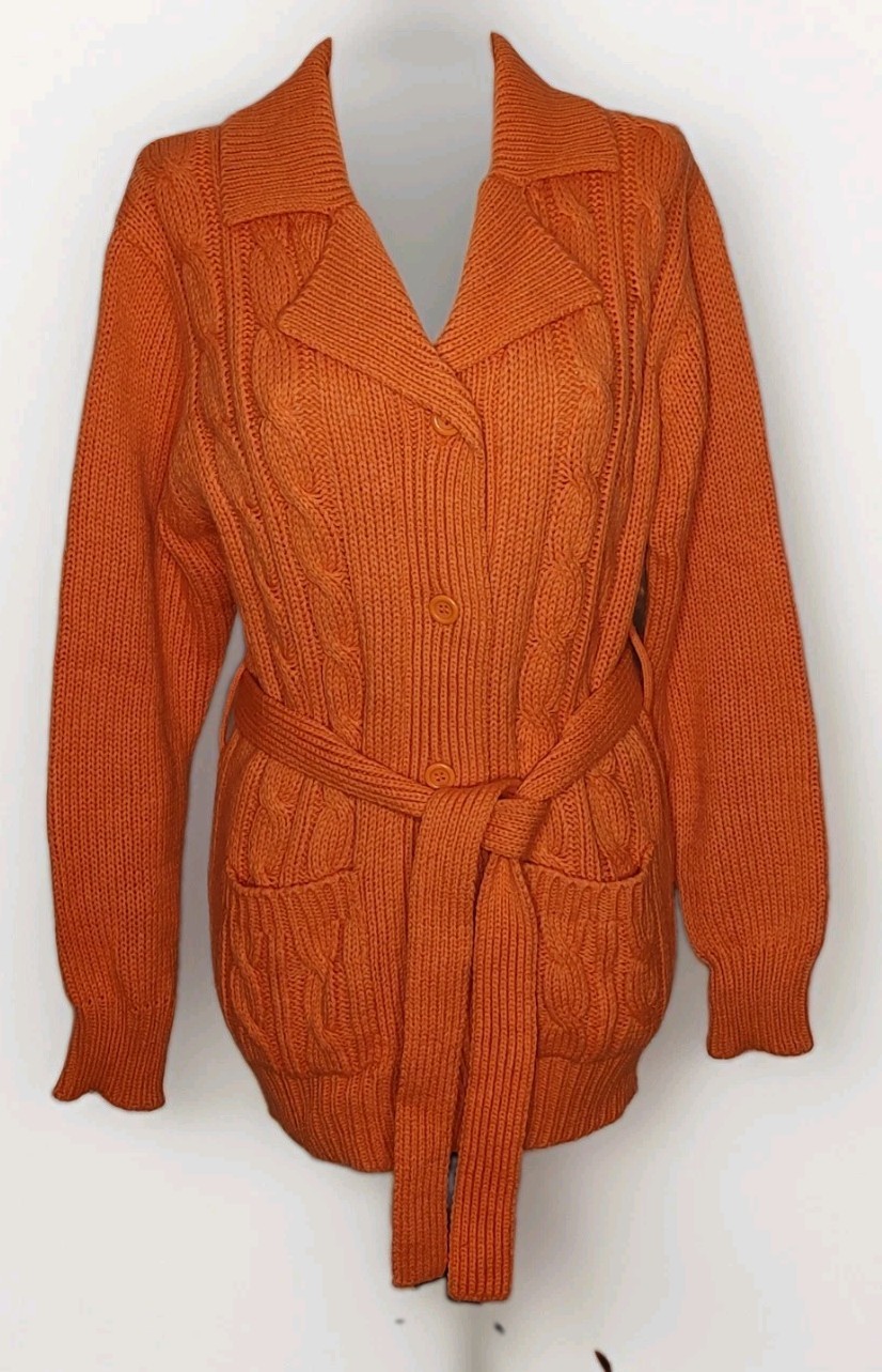 VINTAGE 1970s Zayre – Orange Acrylic Belted Button Up Cardigan – Women’s Large