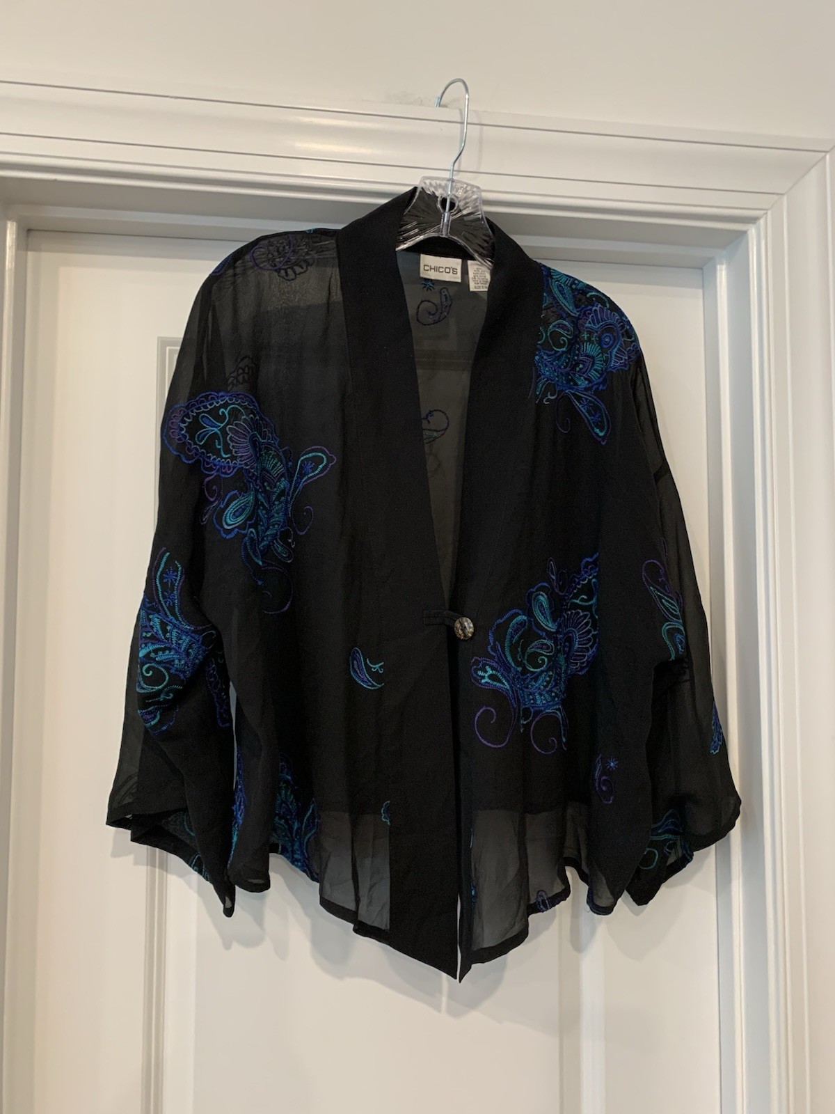 Vintage Chicos Silk Blouse ( Capelet) Embrodiered RARE Black/ Blues