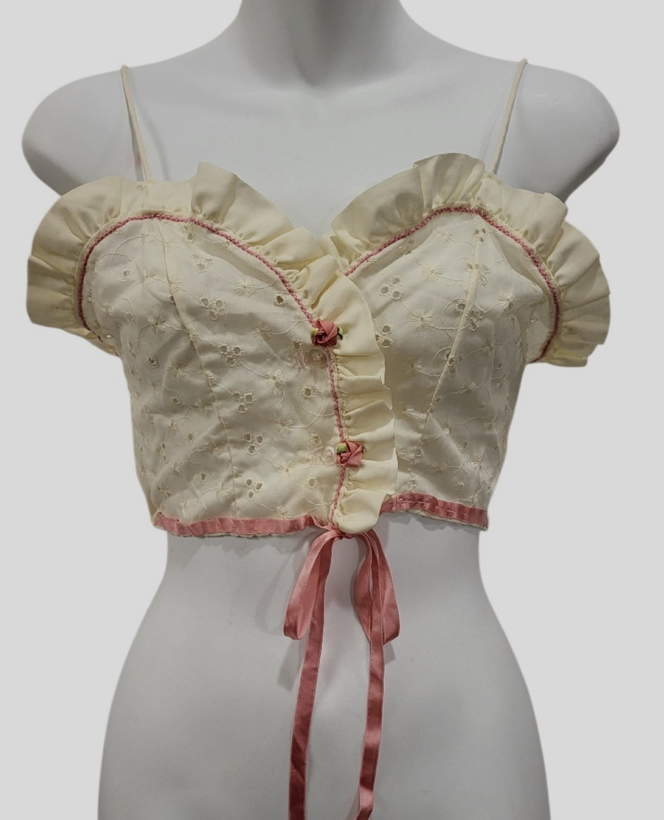 Vintage HANDMADE RIBON FLOWERS Sweetheart EYELET RUFFLE Camisole Top Sm FR/SH!