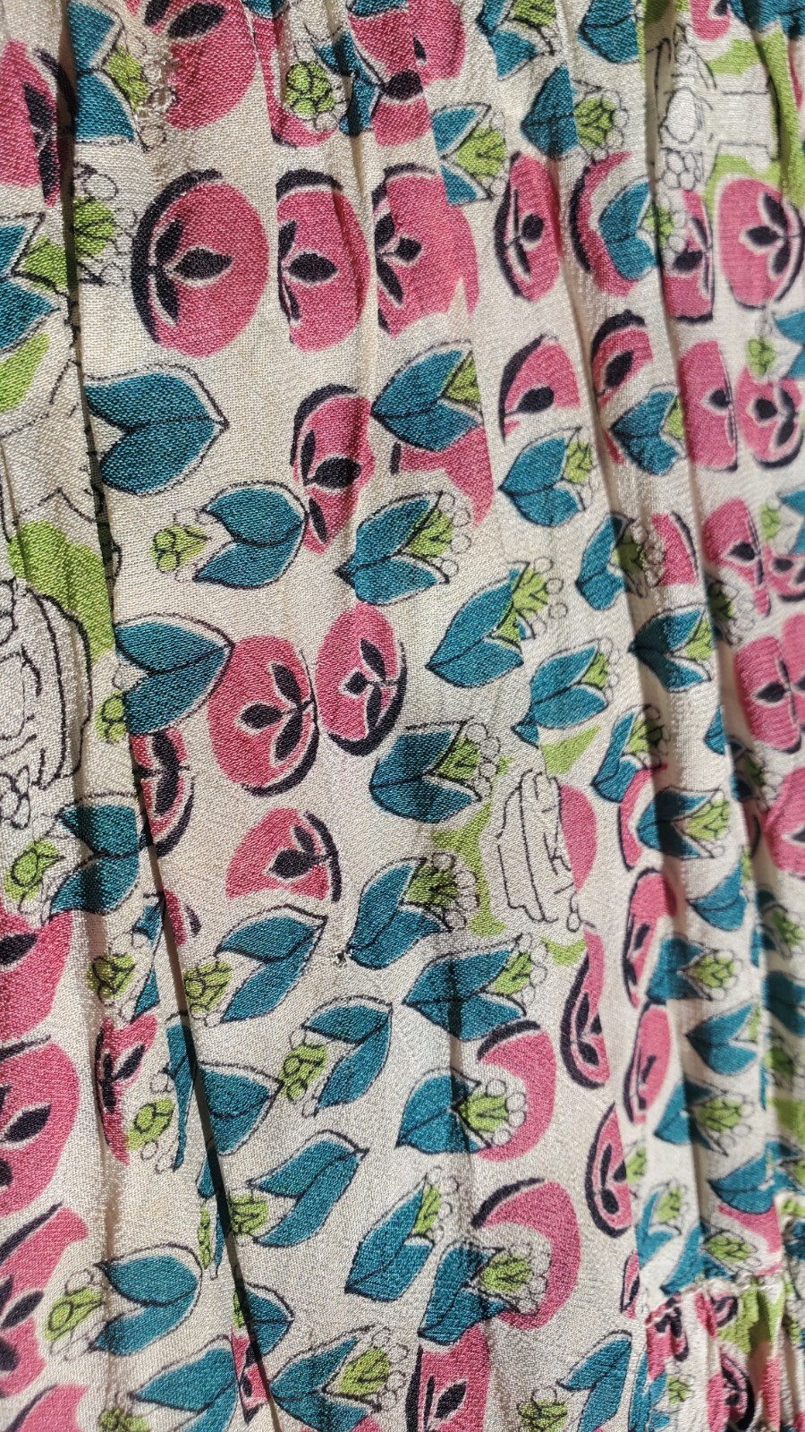 Vintage 40s R & K KNITS Rayon Pink Teal Floral Dress Tiered Ruching ART DECO XS