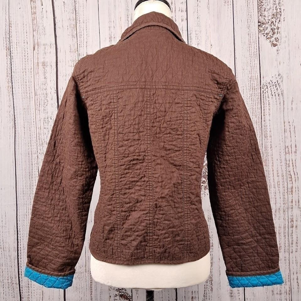 Vtg 90s OLEG CASSINI Weekend S Quilted Jacket Brown Turquoise Snap Front Cropped