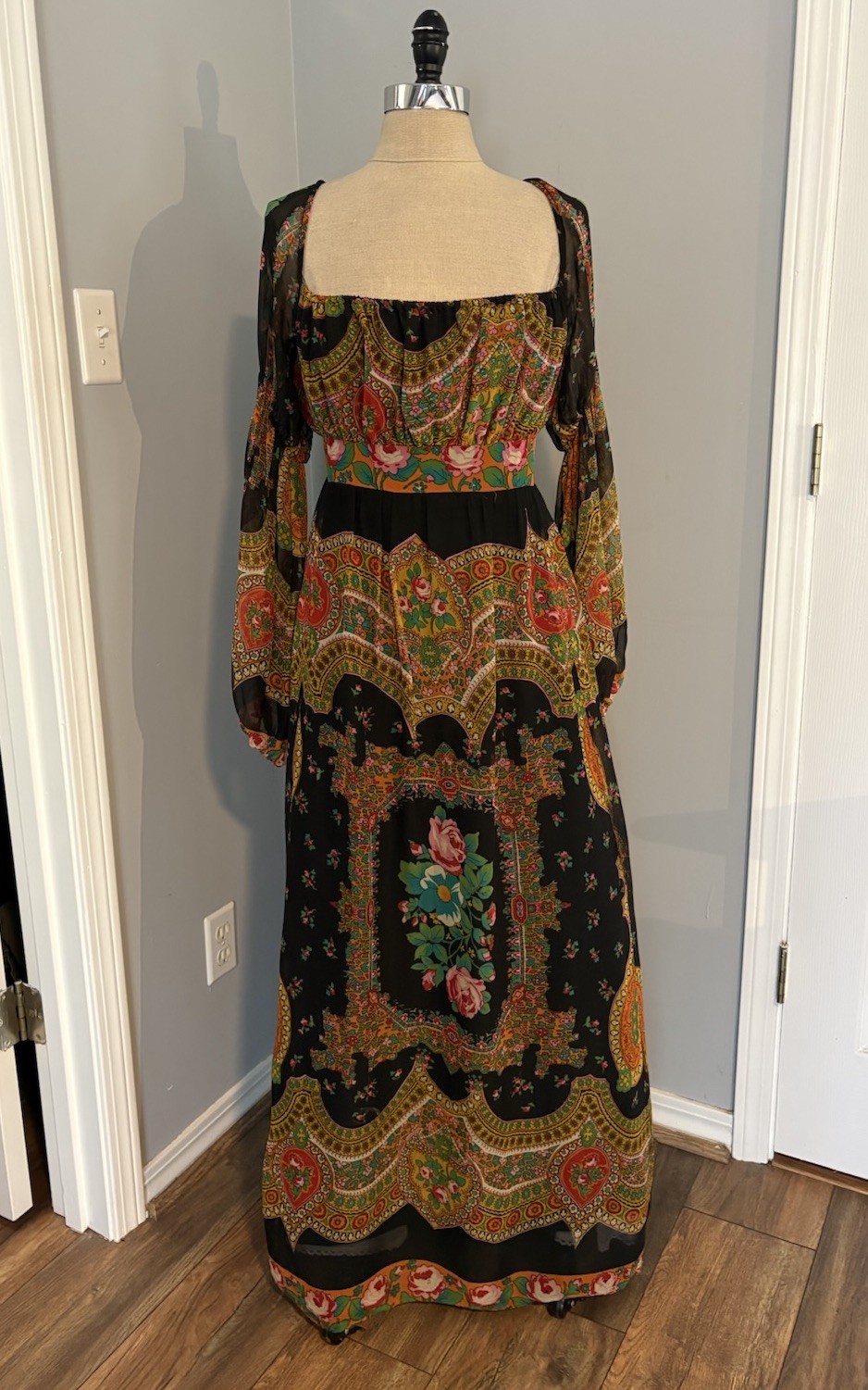 Vintage 60s Original Medieval Psychedelic Maxi Dress Mad Whirl Boho Renaissance