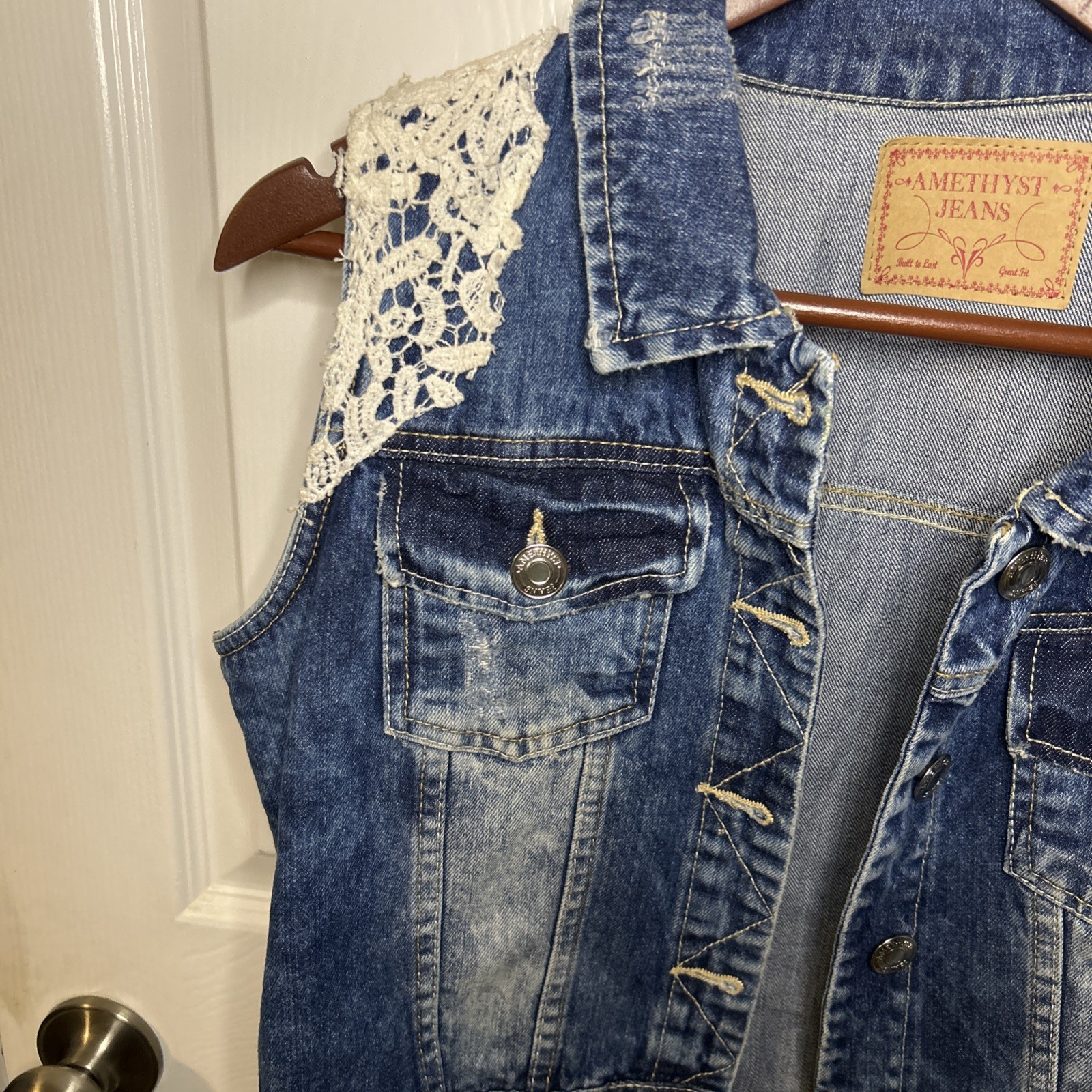 Amethyst Denim Distressed Jean Vest with White Crochet Accents Size Large