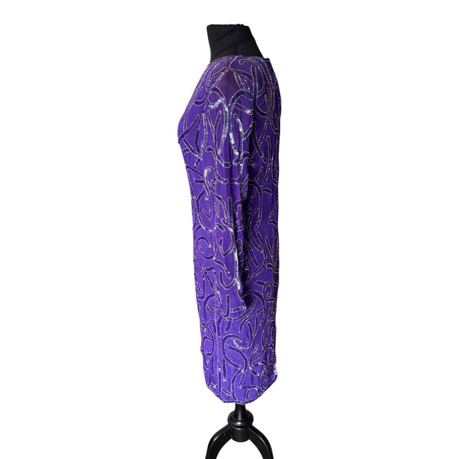 Vintage Carina Purple 100% Silk Beaded Long Sleeve Mini Dress