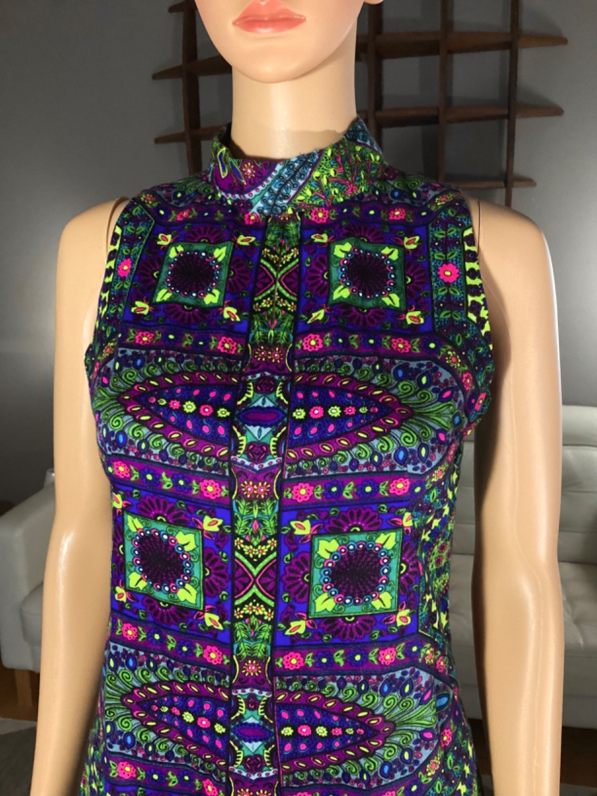 Vintage 60’s 70’s Wild Psychedelic Mini Dress Flower Power Mod Go-Go S