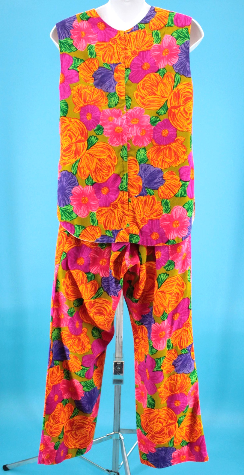 VTG Women’s 60s Orange Psychedelic Floral Top & Pants Set S/M 1960s Hawaiian