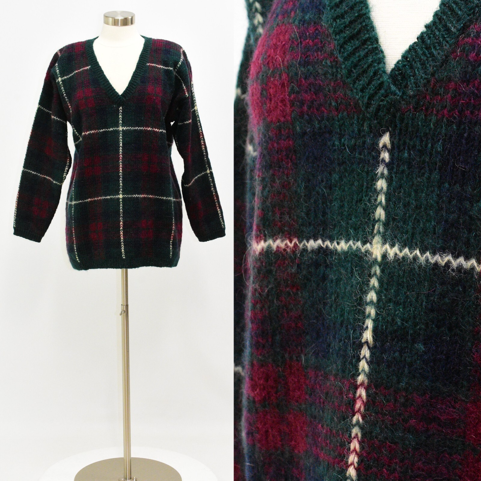 80s Vintage Womens M Plaid V Neck Hairy Tunic Sweater Paul Harris Design