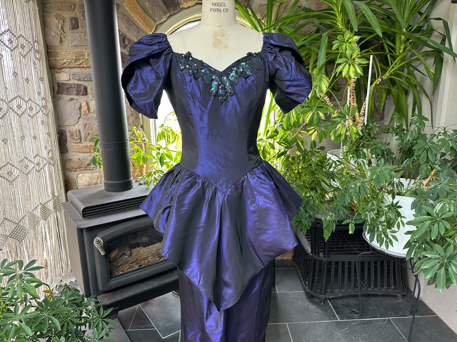 Vintage 1980s Purple Iridescent Taffeta Sequin Drop Waist Formal Maxi Dress