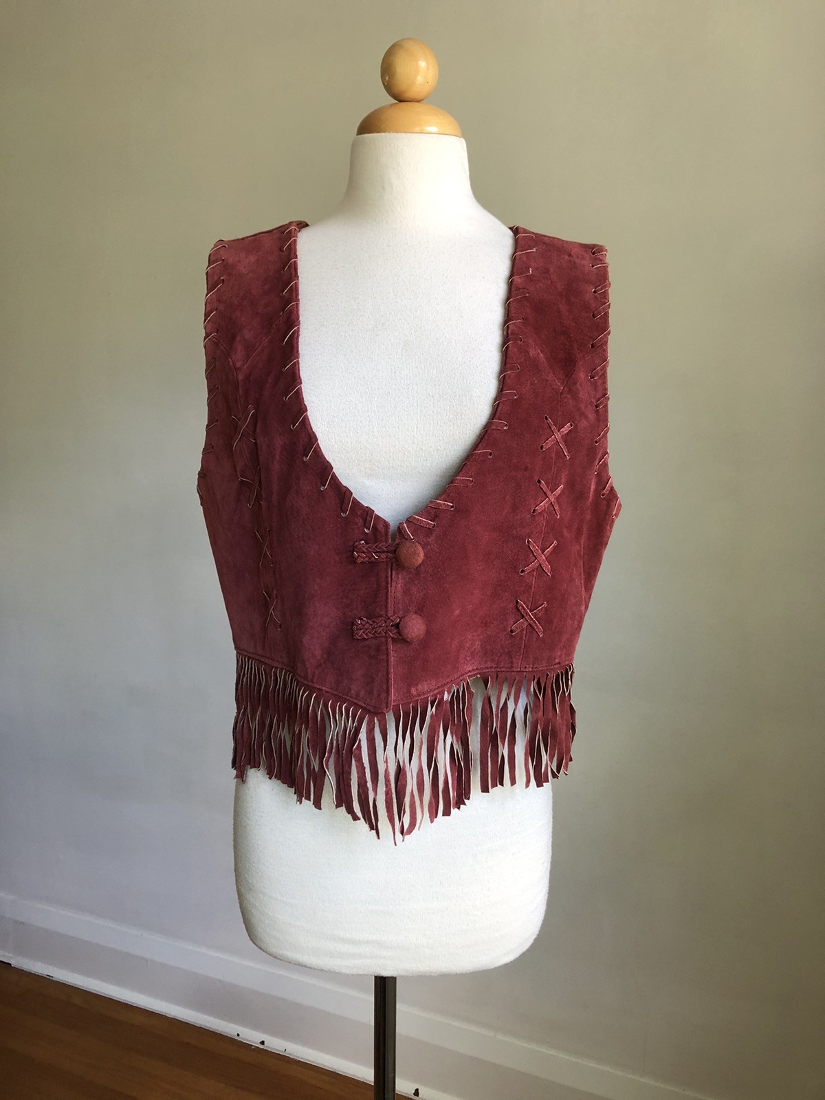 STUNNING VTG DON’T STOP Classics Maroon Suede Leather Fringe Vest SZ L