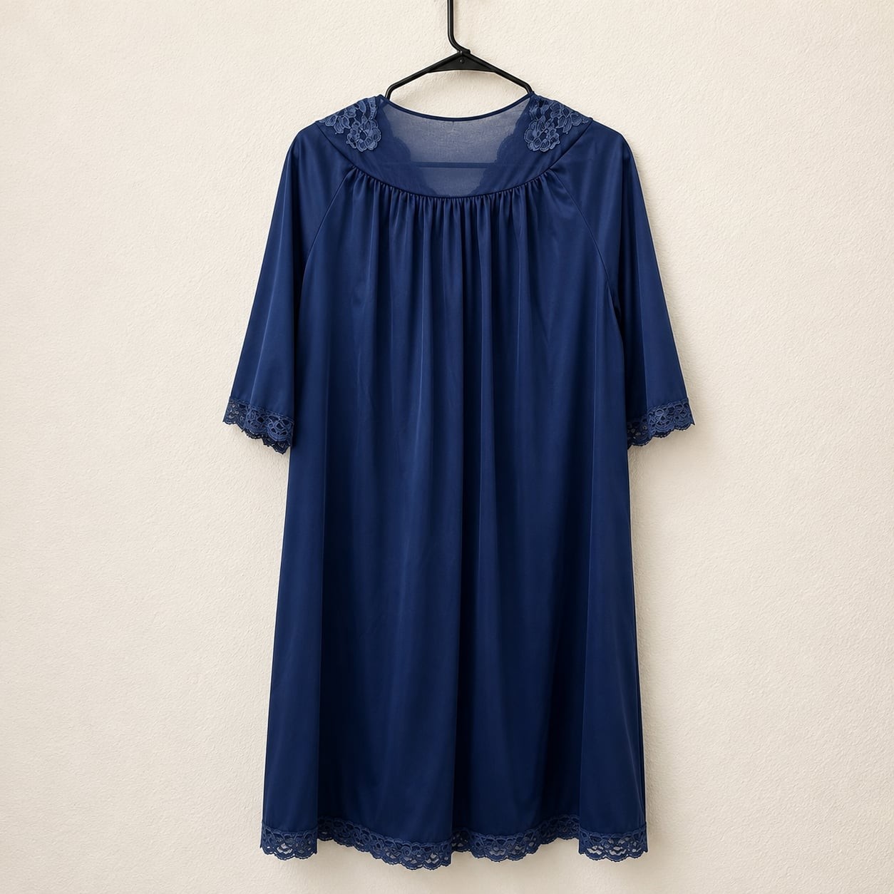 Shadowline Vintage Button-Front Housecoat & Embroidered Lace Trim Pocket, Navy