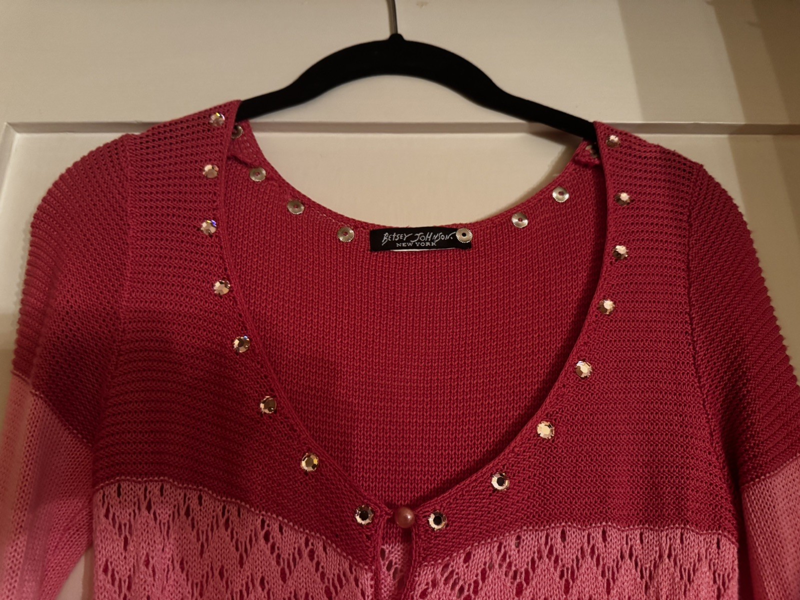 Vintage BETSEY JOHNSON NY Y2K Pink & Red Striped Lacy Cardigan With Rhinestones