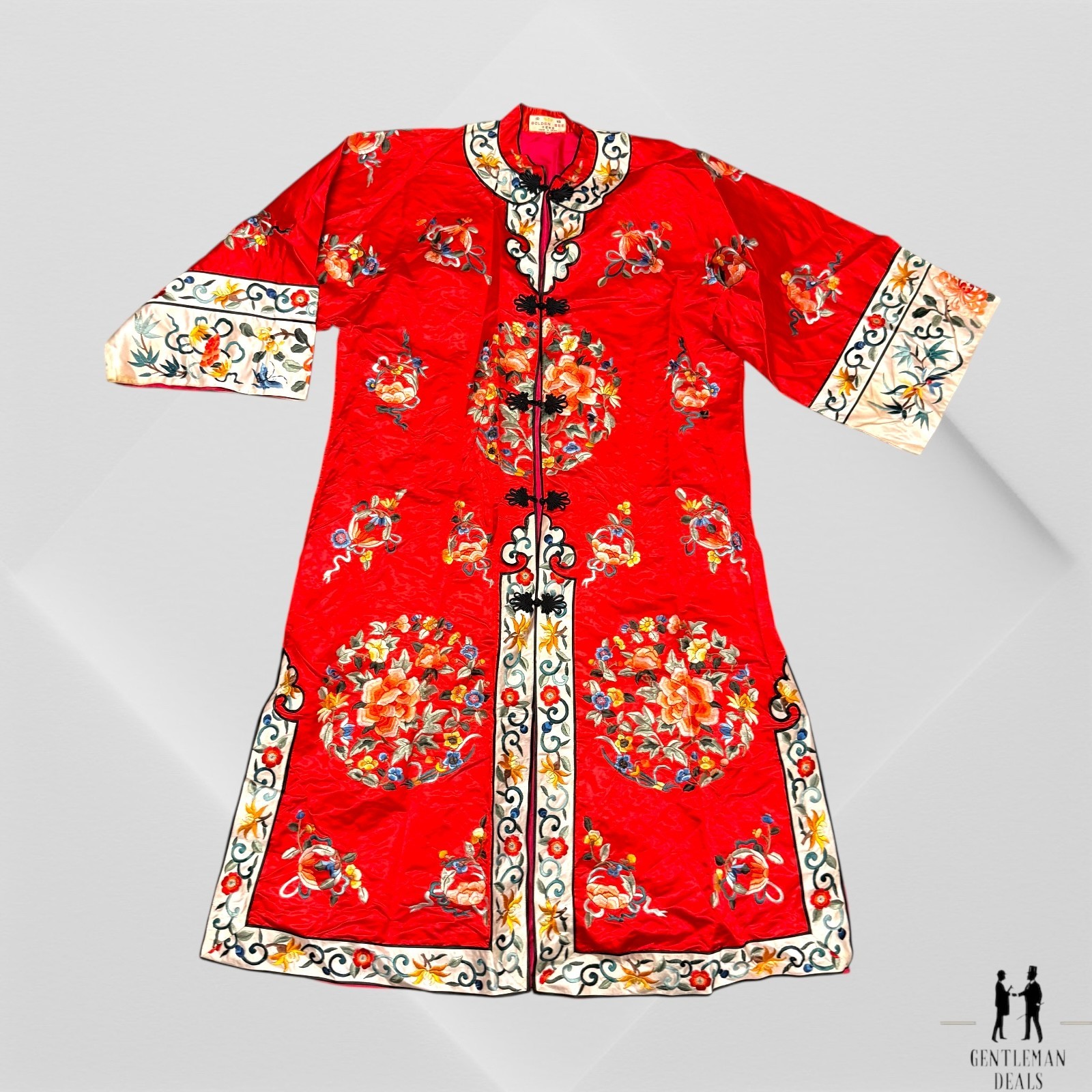 Golden Bee 60’s Red Embroidered Silk Kimono XL 21.5×44 Long RARE