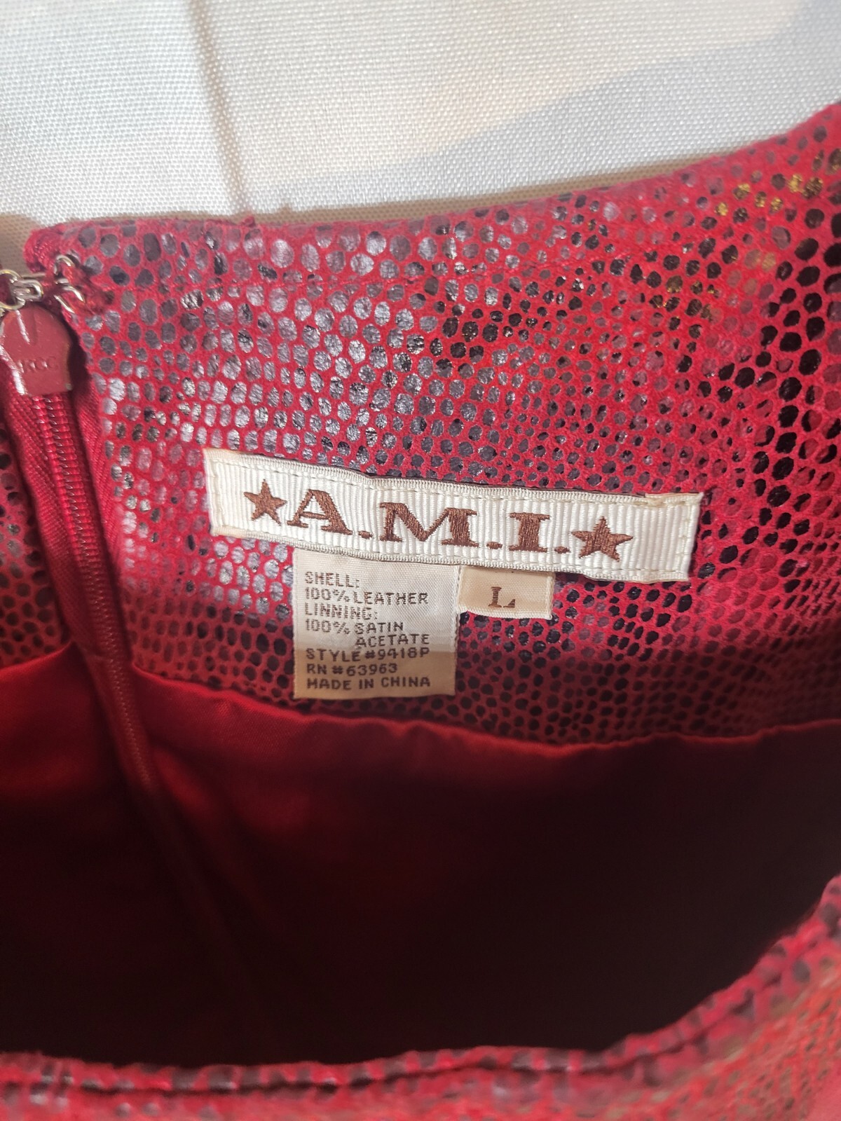 VIntage 80s Red Leather & Satin Snakeskin Dress By A.M.I Womens L
