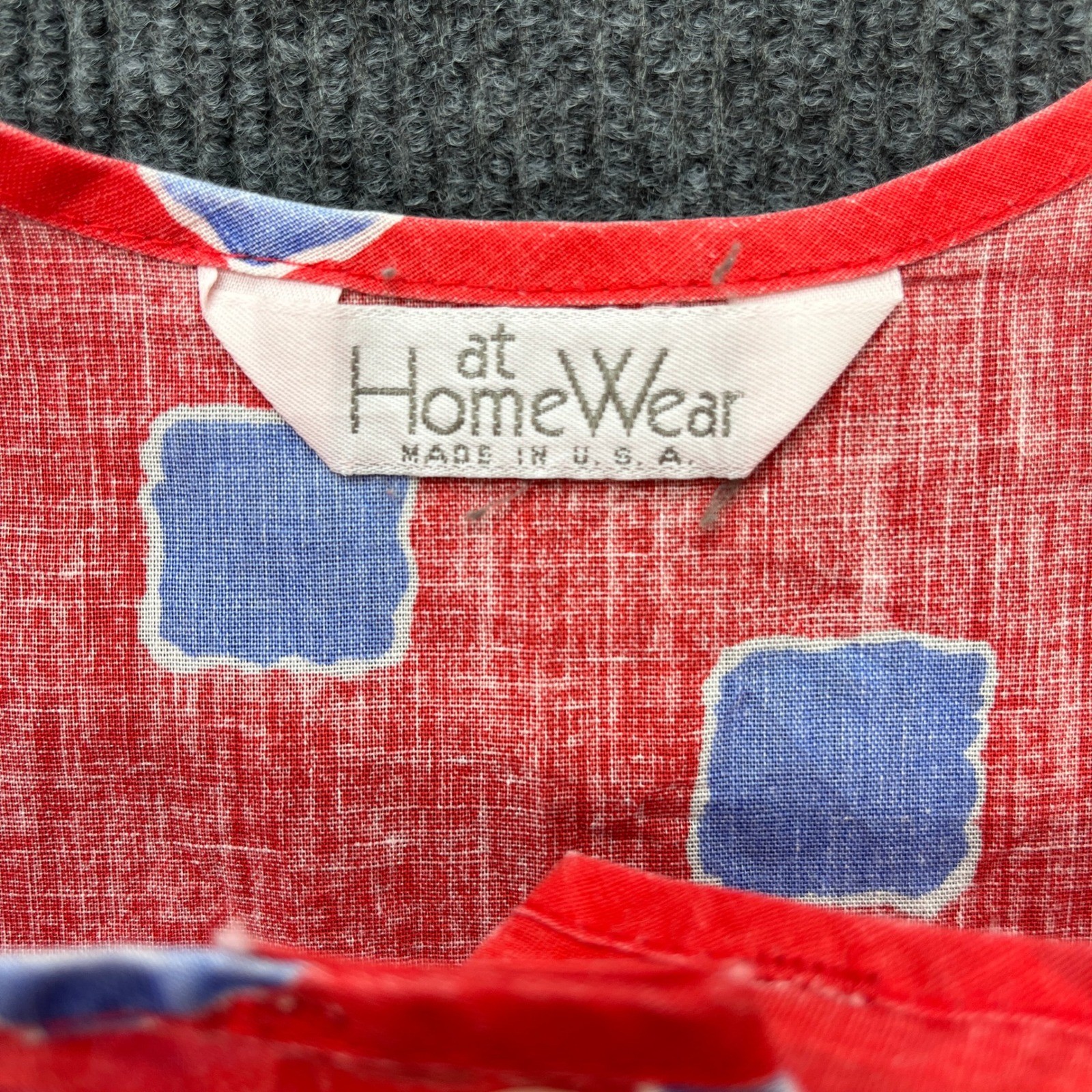 H. at HomeWear Vintage 90s Red Blue Square Print Drop Waist Pocket Dress L
