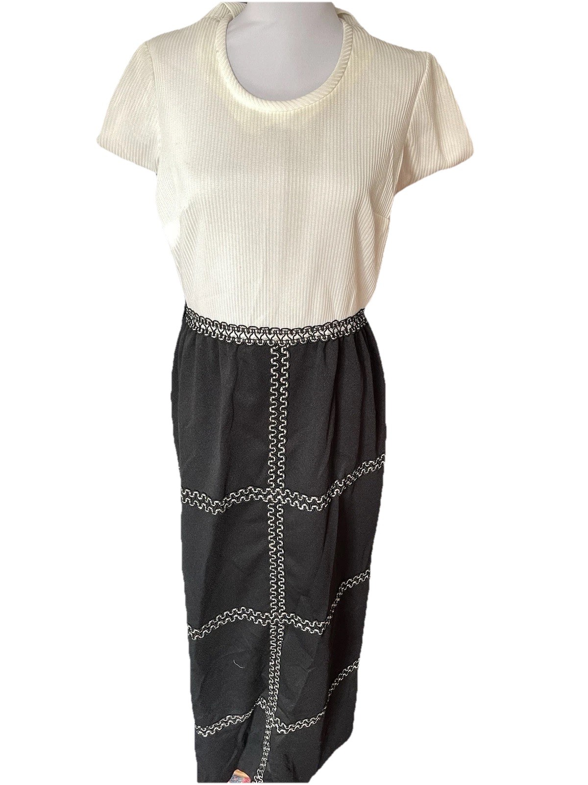 VTG 60s Black White Longsleeve Gown With Embellished Silver Trim Holly Golightly