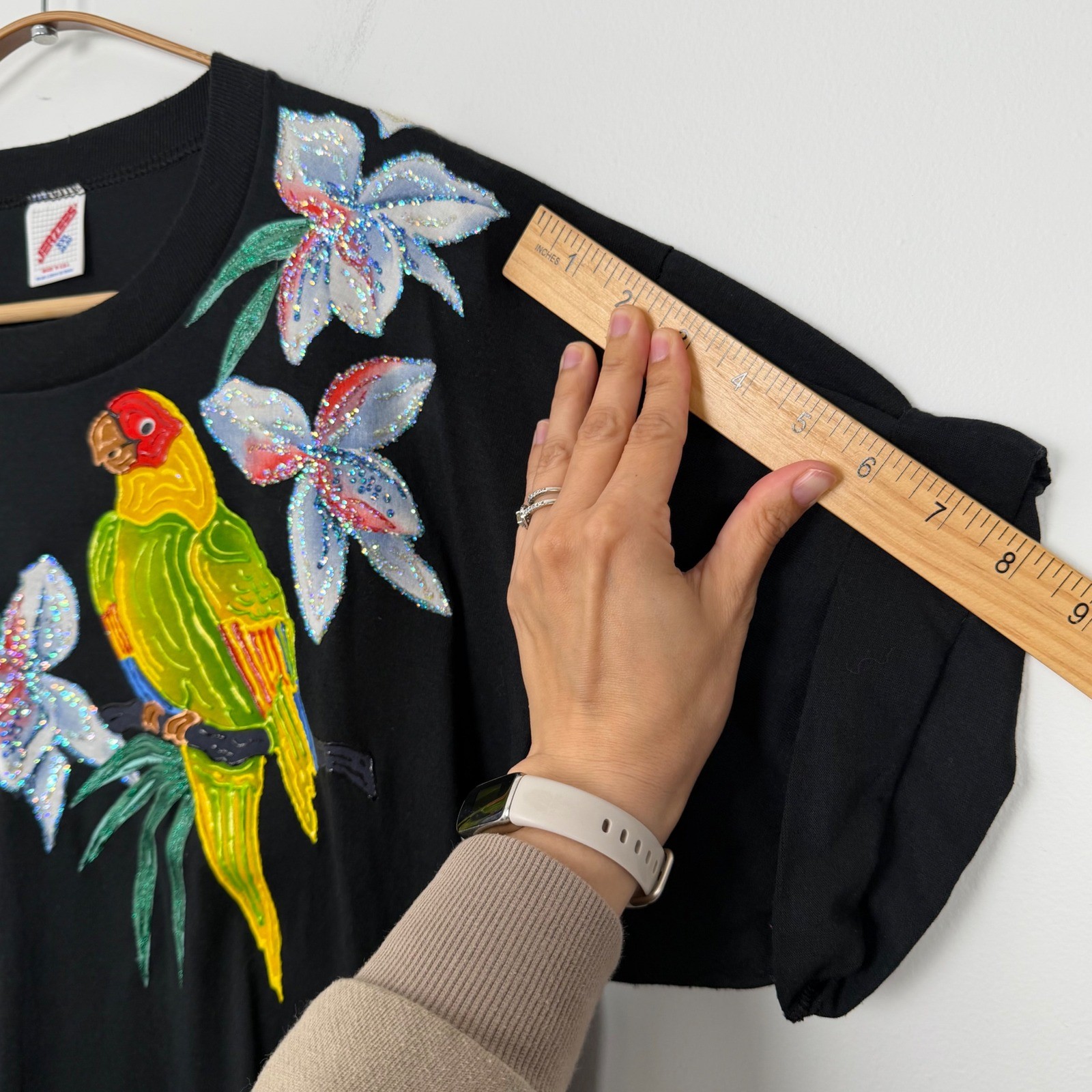 Vintage Jerzees Tropical Wearable Art Parrot Glitter T-Shirt Dress Black XXL 90s