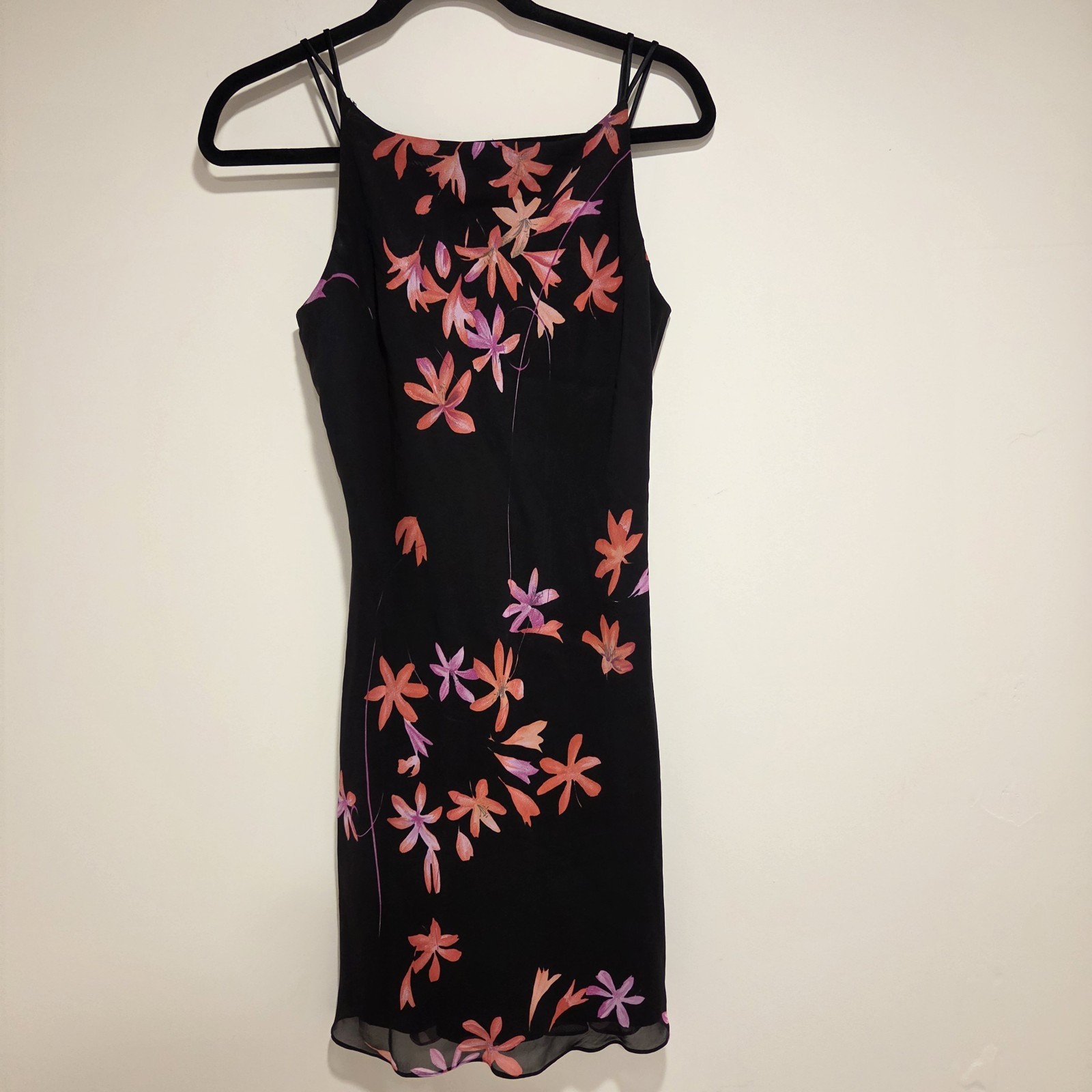 Vintage Y2K 90s Floral Dress 6 Spaghetti Strap Black Party Vacation Flutter Hem