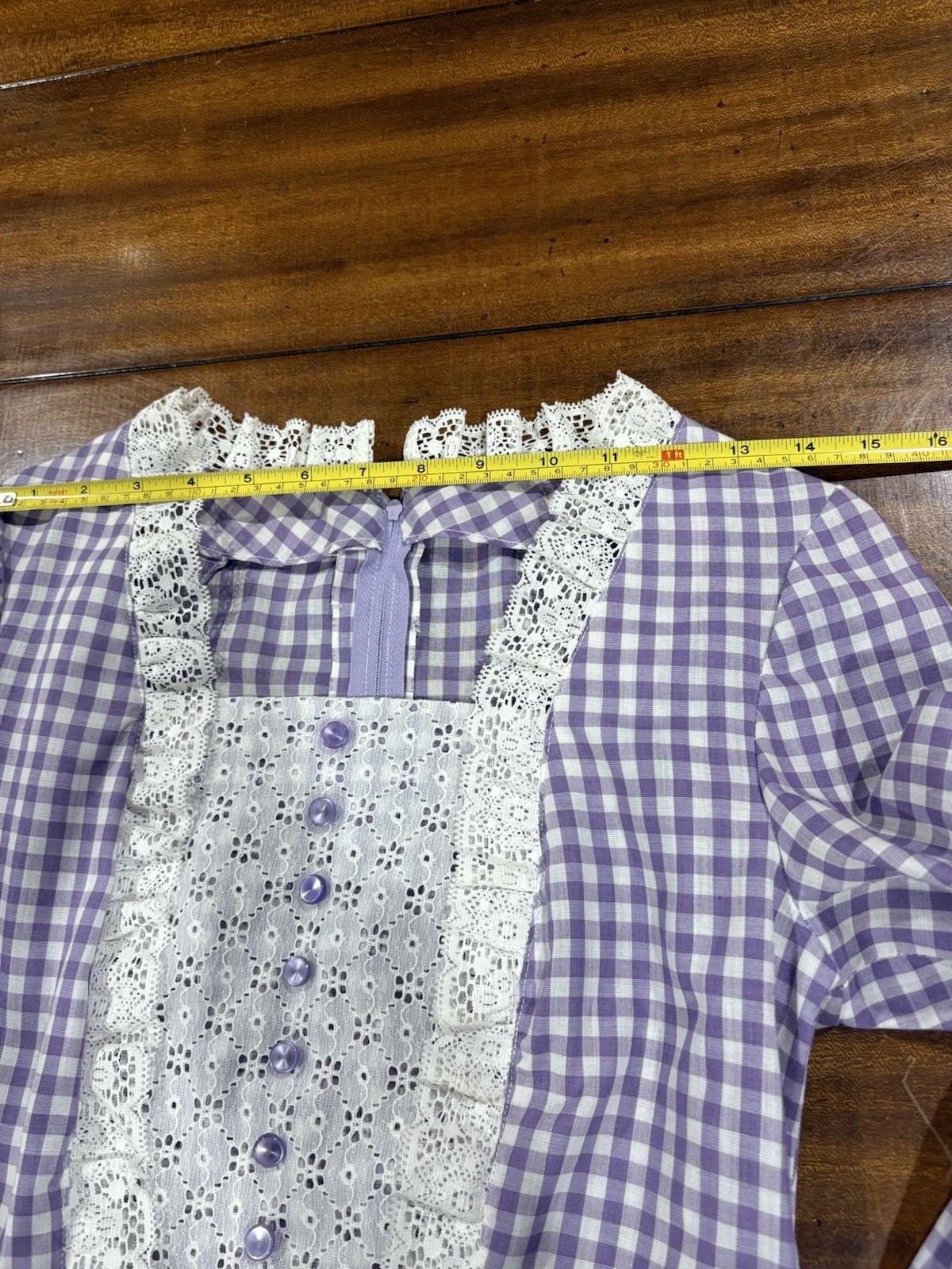 Prairie Style Lavender Gingham Long Dress Sz S Lace Floral Cottage Core Handmade