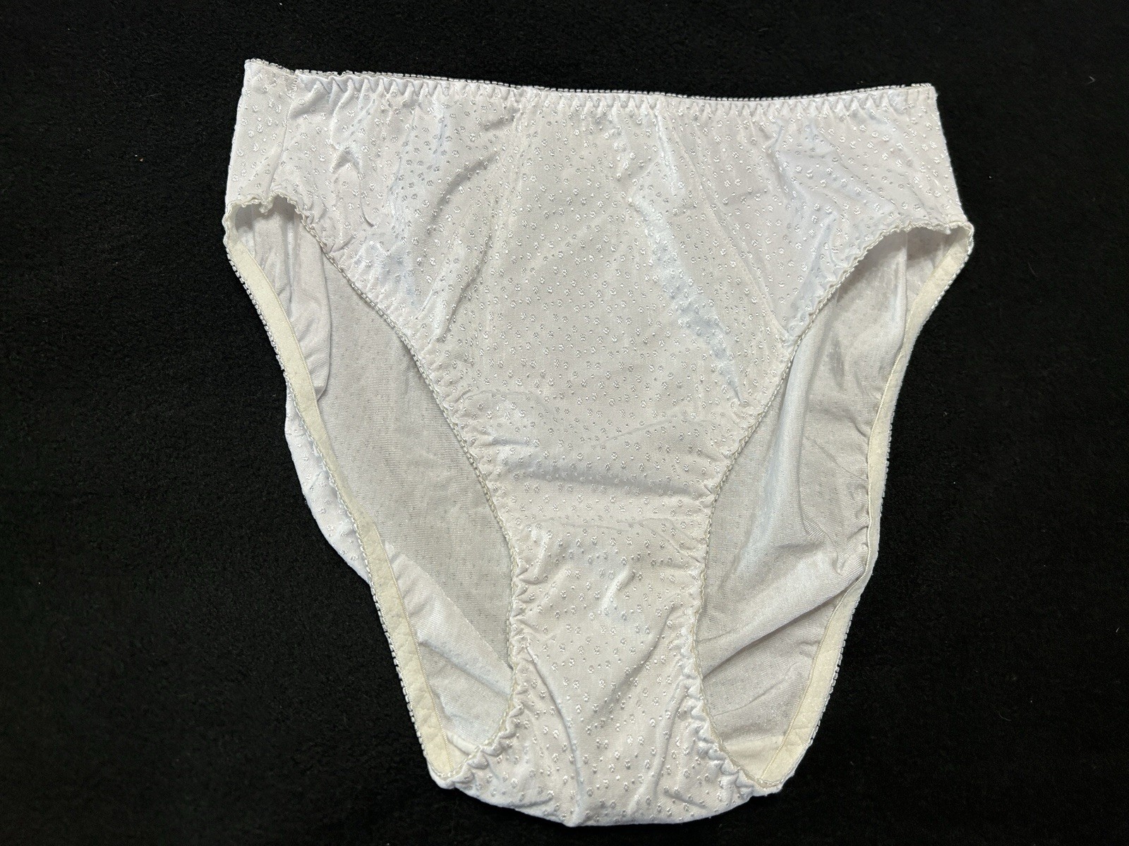 Vtg UNBRANDED Satin Embroidered Dots Hi-Leg Sz 8 White Panties #380