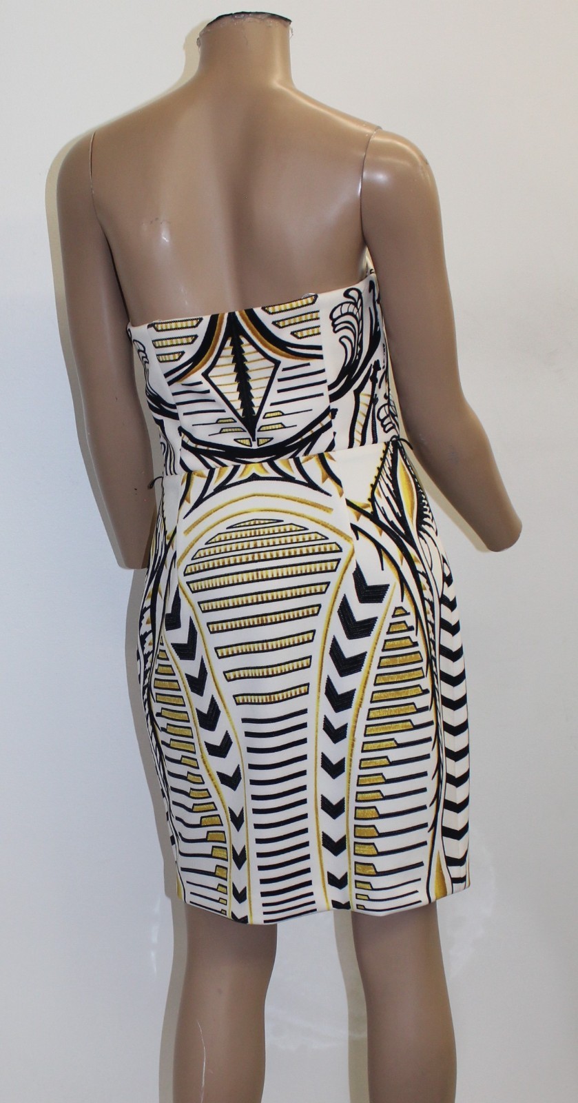 Boston Proper Strapless Mini Dress w White Black & Gold Pattern Size 6