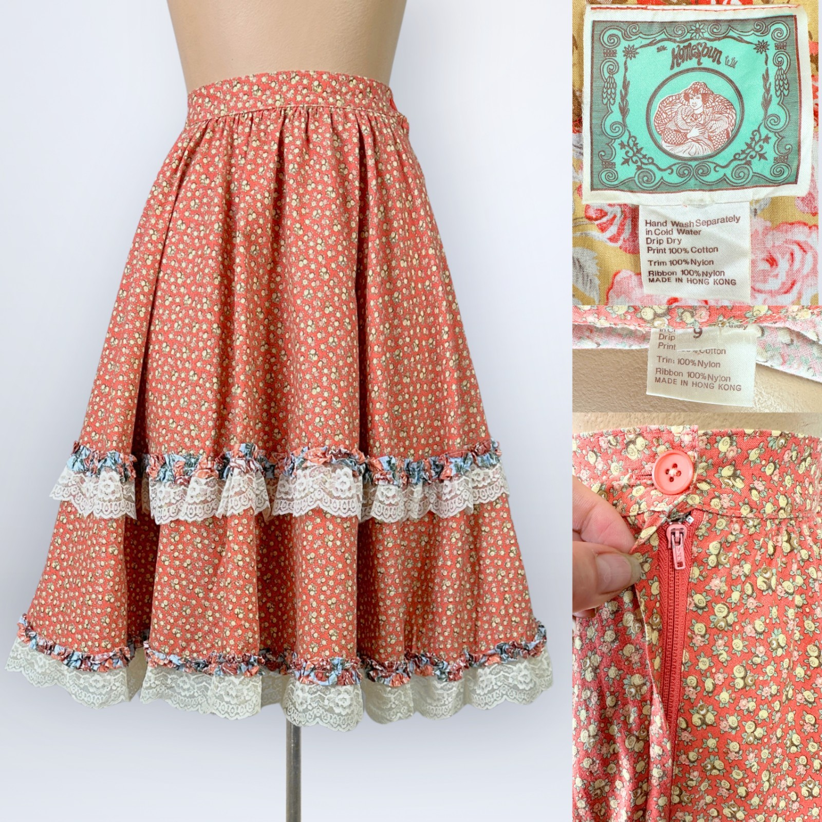 Rare Vintage 1970s Homespun Ltd Two-Piece Corset Top Skirt Set Prairie Calico